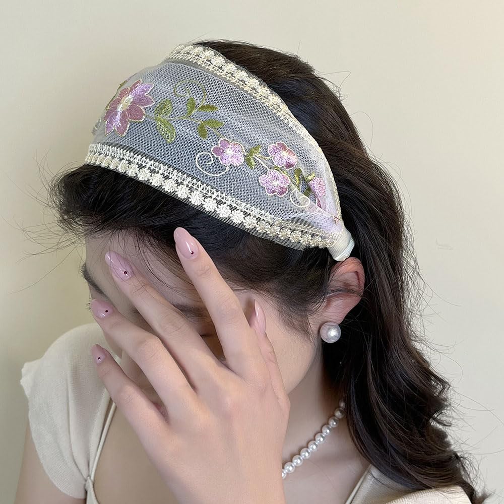 Jaczora Floral Lace Headbands for Women, Wide Mesh Hair Bands with Embroidered Flowers, 3-Pack, White