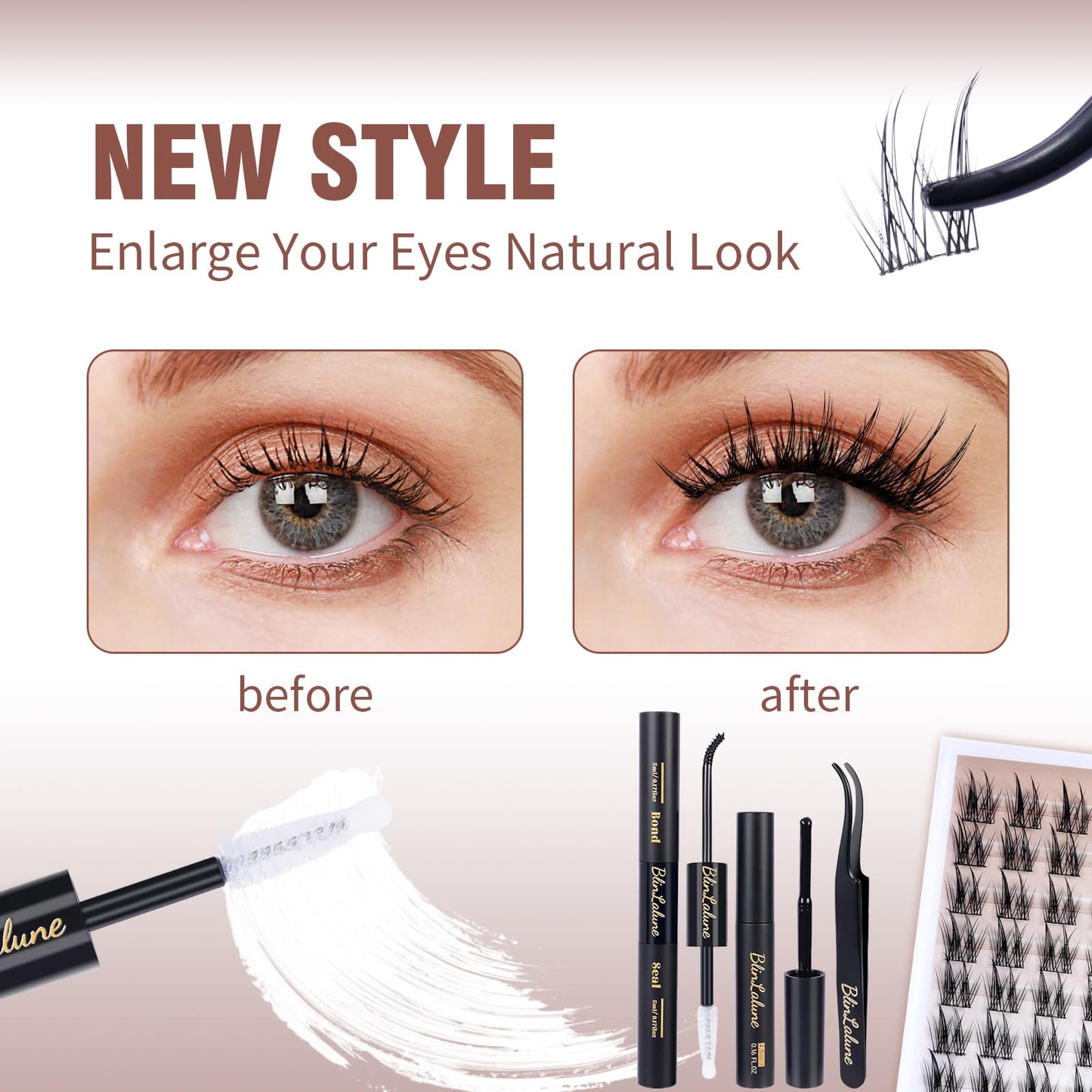BlinLaLune DIY Lash Extension Kit Individual Eye Lash Cluster Perfect for At-Home Use, Beginner-Friendly with Bond Seal Remover and Tweezers