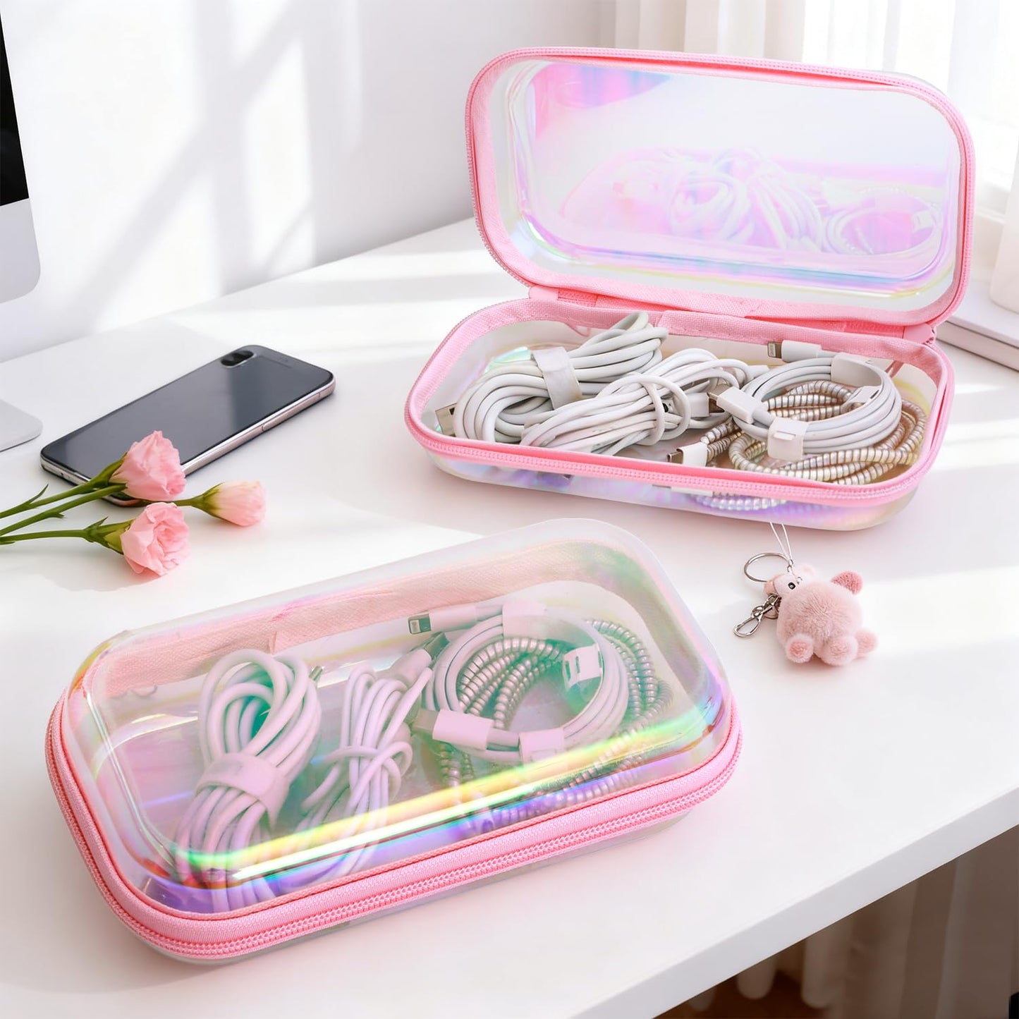 Clear Hard Shell Zipper Case, Surface scratch resistant material, Portable Cosmetic Bag with Zipper, Diaper Bag Organizing Pouches, Hard Plastic Case, Clear Bags for Organizing, Laser Pink （3 Pcs）