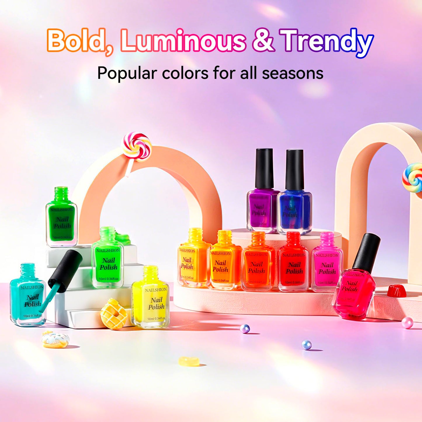 Nailshion Neon Nail Polish Set: 12 Colors Bright Summer Nails Hot Pink Red Orange Blue Rainbow Nail Polish, Glossy Finish | Air Quick Dry Non Gel, Streak-free Salon Home DIY Nail Art Gift for Women