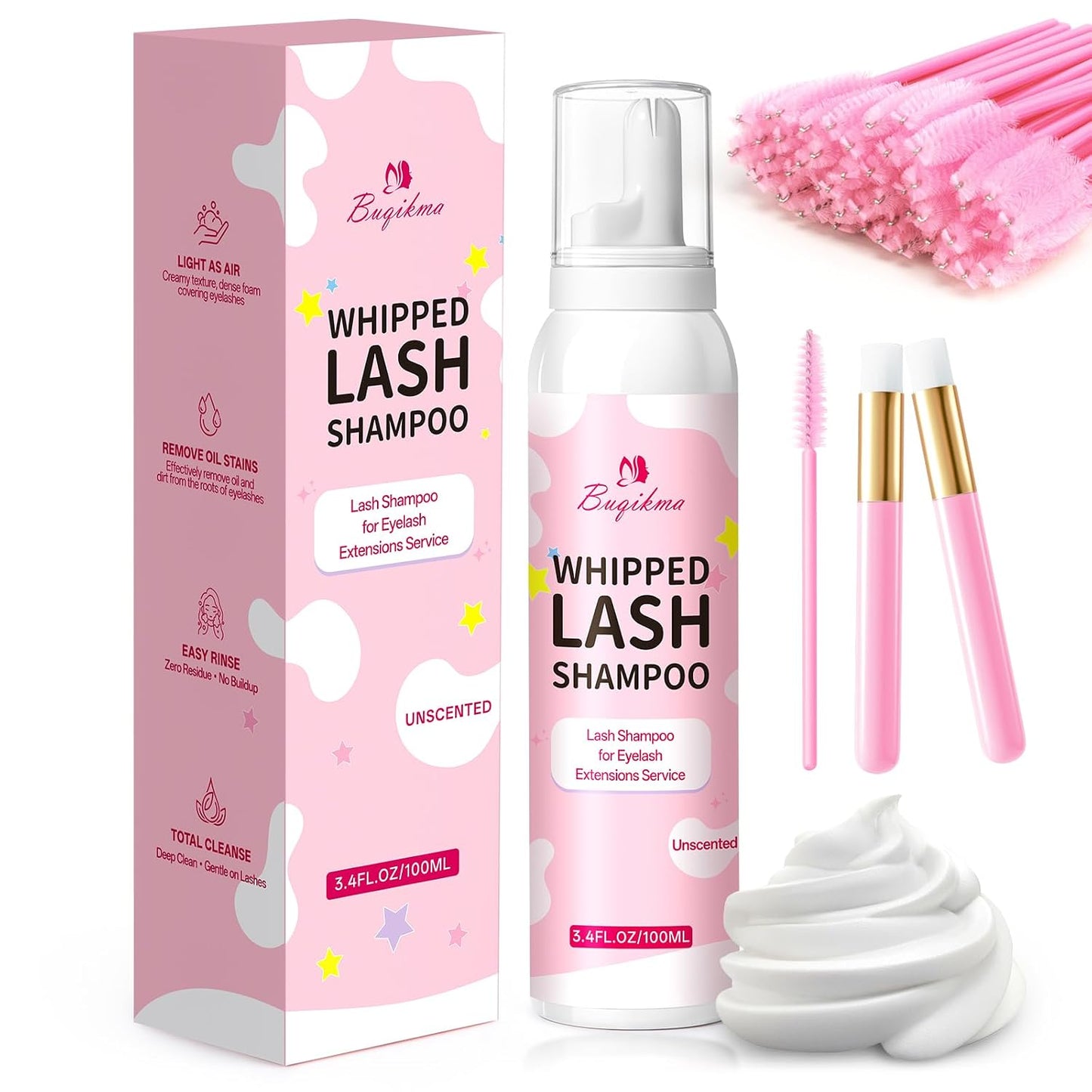 Whipped Lash Cream Shampoo Kit - Eyelash Cleansing Foam with Brush | 3.4fl.oz/100ml for Extensions & DIY Use (Unscented)
