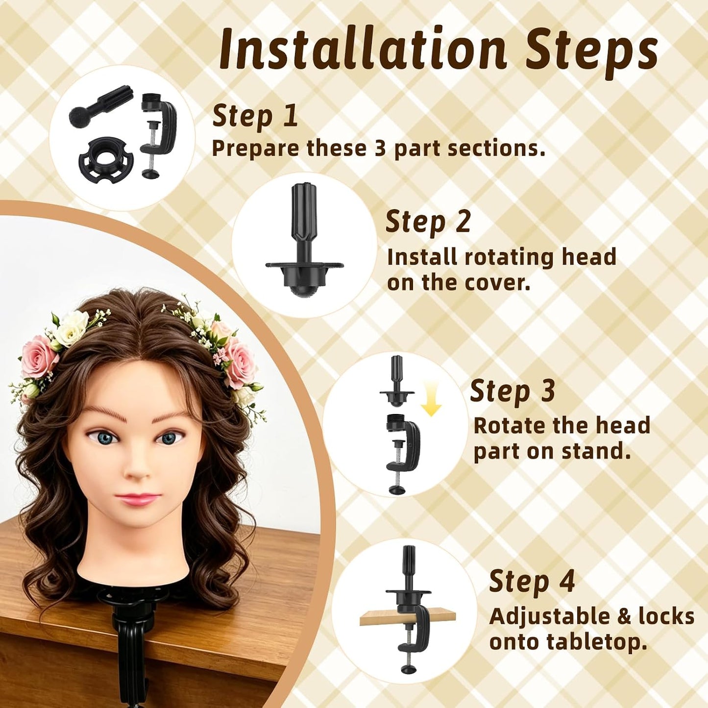 Mannequin Head - 90% Human Hair Styling Doll for Cosmetology | 24" Dark Brown Hairdressing Training Head with Clamp