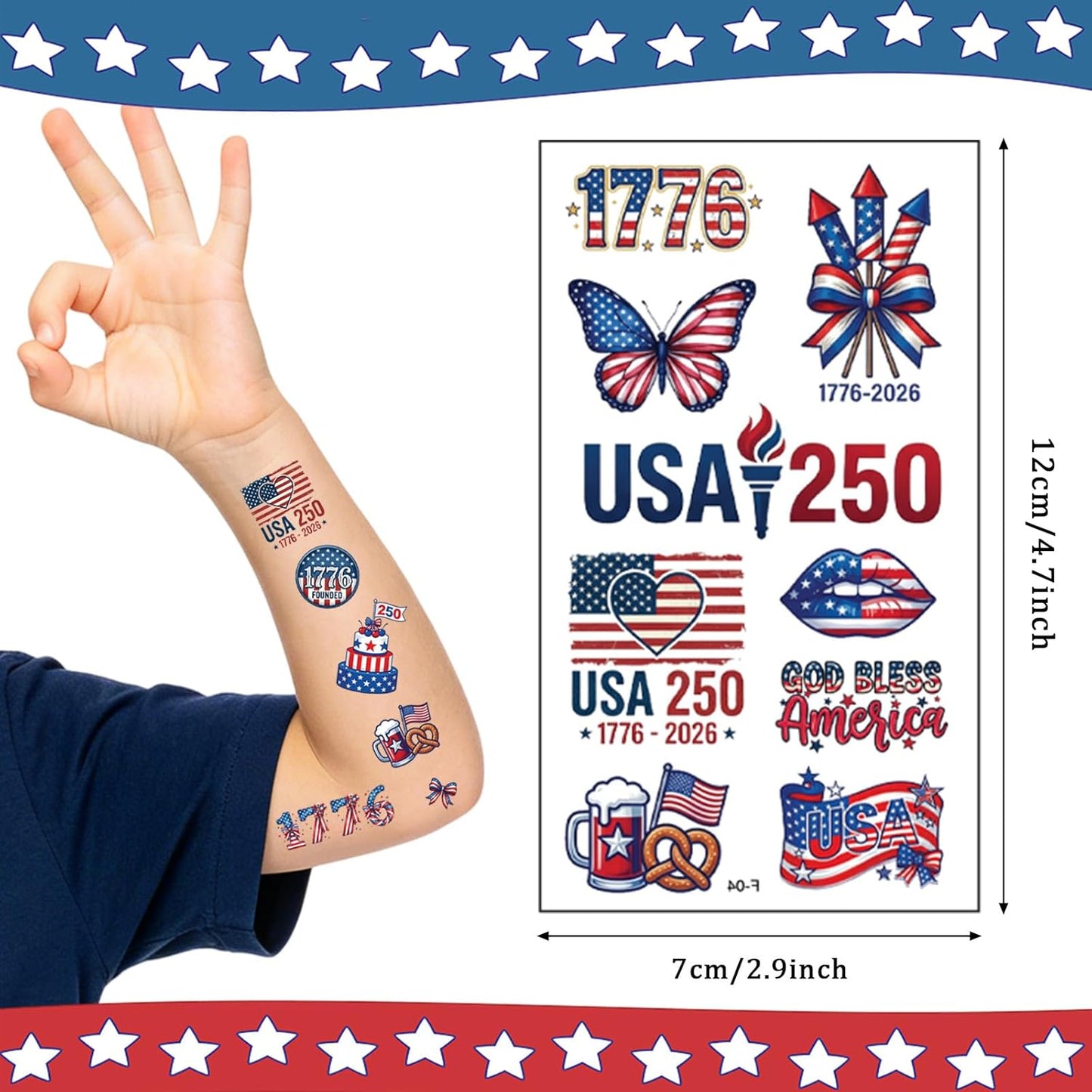 4th of July Temporary Tattoos - 80 PCS American Flag Designs | Red, White & Blue Kids' Party Accessories