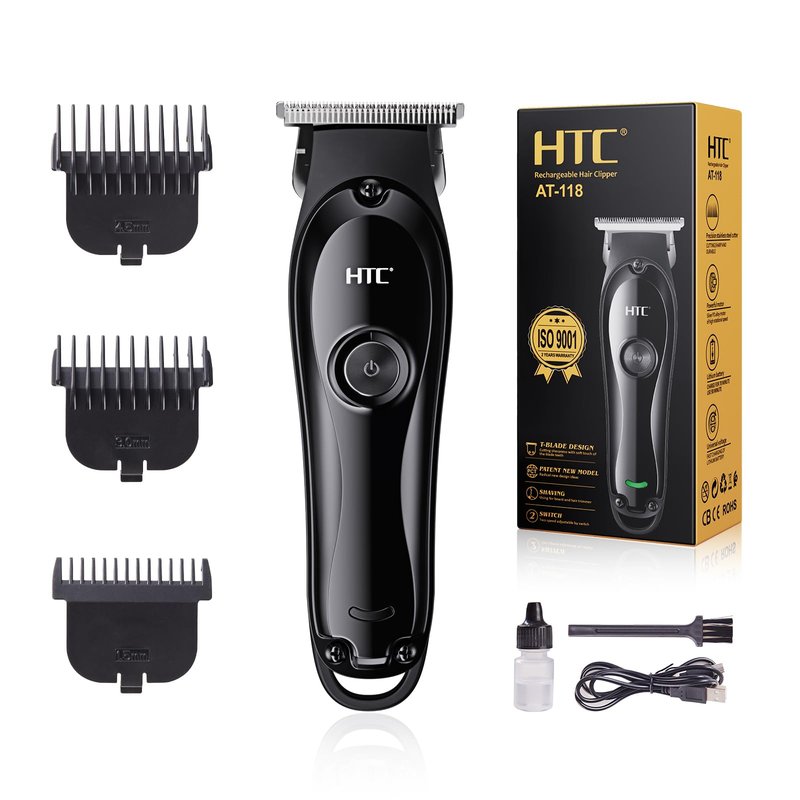 HTC Hair Clippers – Professional Cordless Rechargeable Hair Trimmer with Precision T-Blade, Long-Lasting Lithium Battery, Ergonomic Design, Quiet Motor（Black）