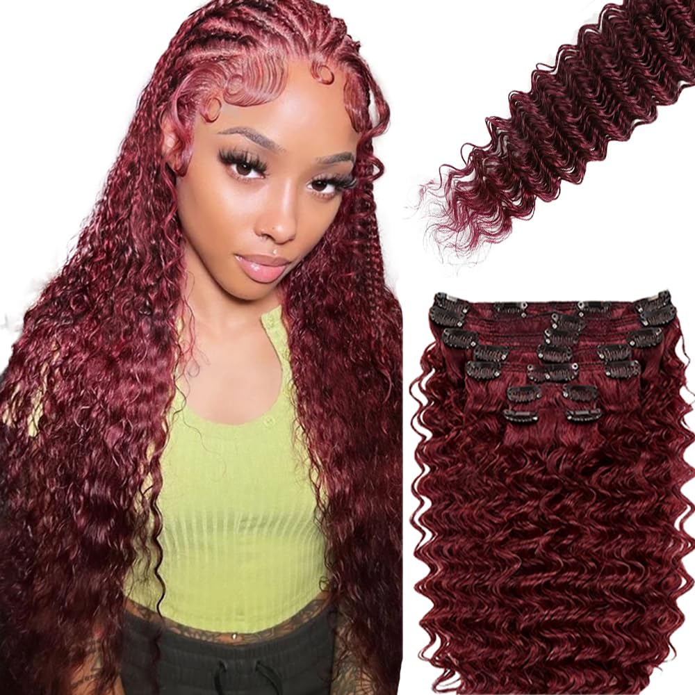 #99J Burgundy Clip in Hair Extensions Real Human Hair, 22 Inch 120g/7Pcs,Full Shine Remy Human Hair,Wine Red Deep Wave Clip ins Brazilian Virgin Human Hair Extensions