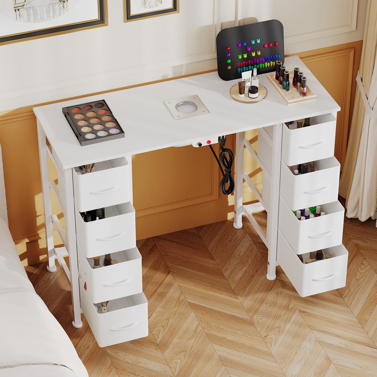 DrawXynth Nail Desk, Manicure Table, Nail Beauty Salon Workstation w/Electric Dust Collector, 8 Fabric Drawers