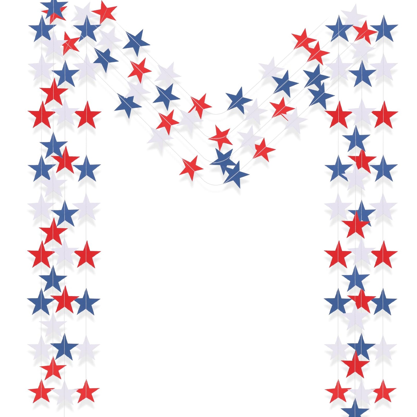 BRIOYHA 105ft Red White Blue Paper Star Garland, 8 Strands Double Side Twinkle Stars for 4th of July Independence Day Patriotic Memorial Day Party Decorations