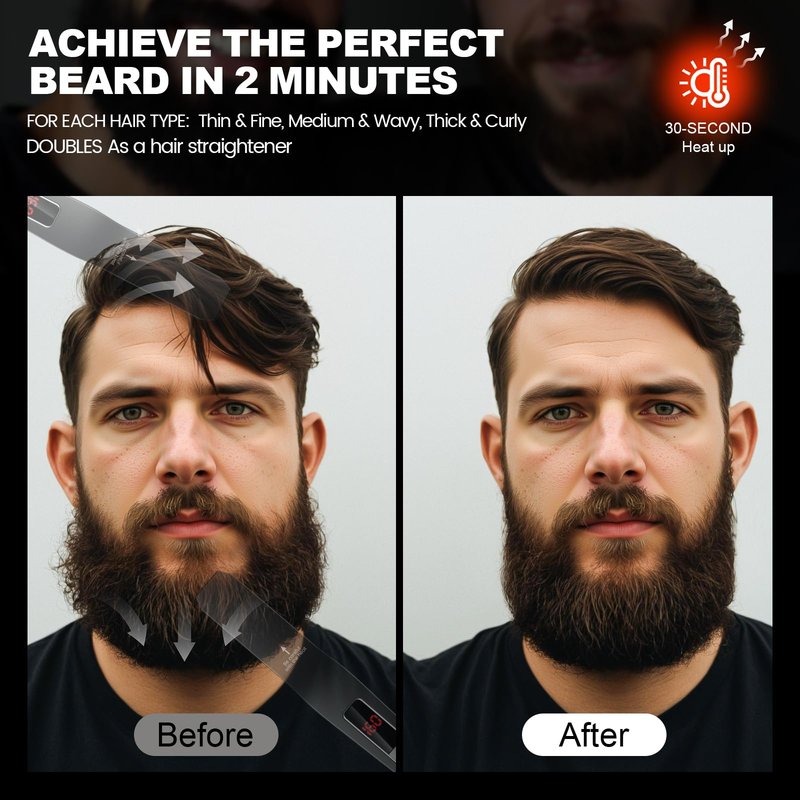 TUIREL Beard Straightener for Men, 2 in 1 Heated Beard Brush, 6 Temperature Settings LCD Display Anti-scalding Hot Comb for Beard Care Kit for Men Gifts Set