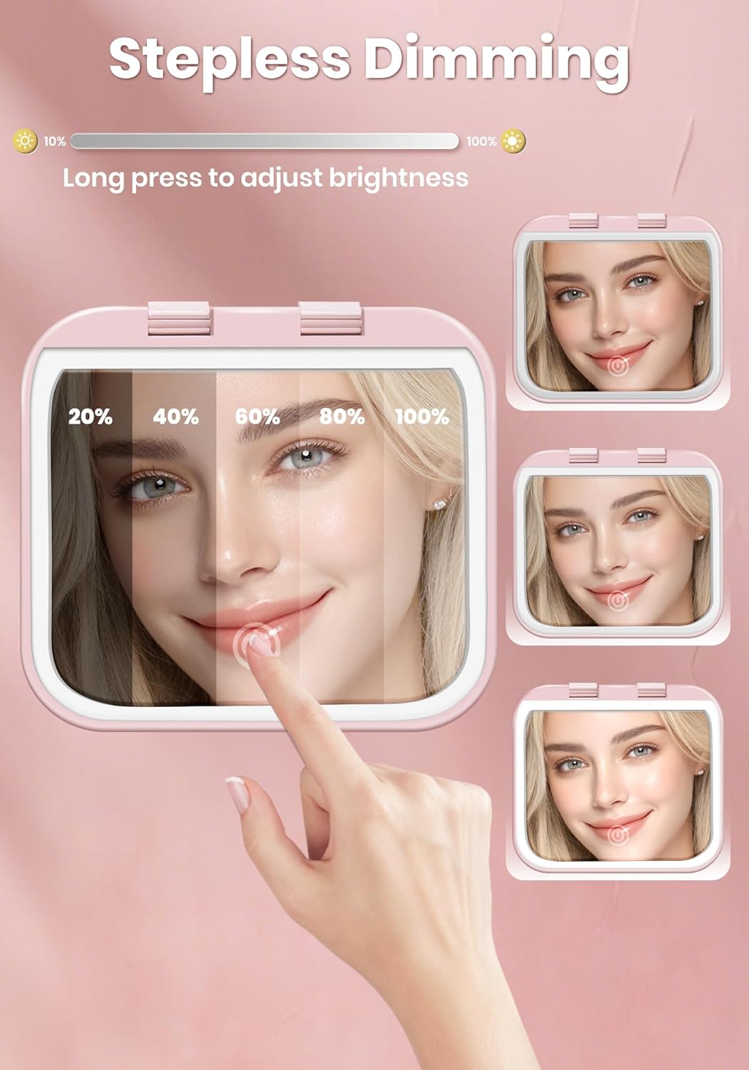 40X Rechargeable Magnifying Mirror with Light | Dimmable Brightness & 3 Lighting Modes - Portable Pink Travel Makeup Mirror