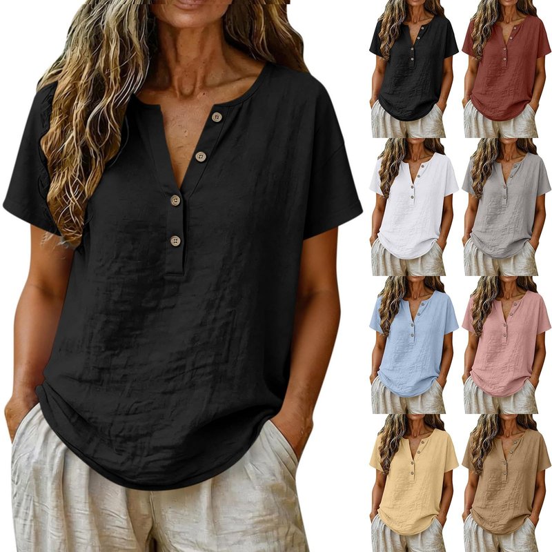 RRMuAzgs Blouses for Women Dressy Casual Short Sleeve Button Down Shirts Loose V Neck Cotton Linen Tunic Tops Summer Outfits
