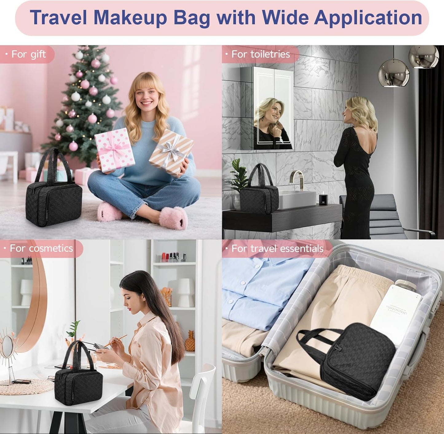 Toiletry Bag for Women - Large Travel Makeup Organizer | Black Cosmetic Skincare Pouch, 11.5" Size