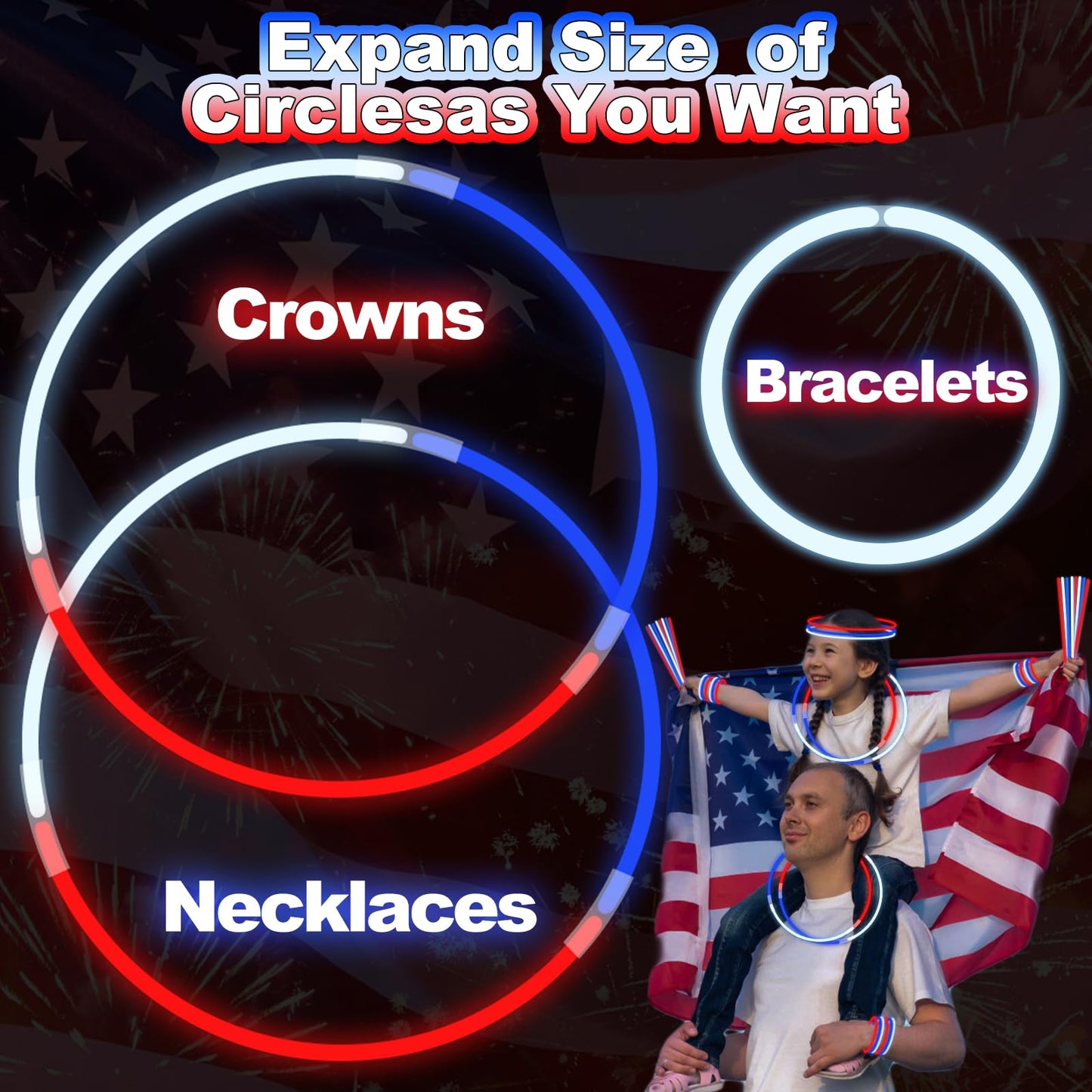 4th of July Red White Blue Glow Sticks Bulk with Connectors 100 PCS, Fourth of July Light Up Necklaces Bracelet Accessories for Kids Adults, 250th Anniversary Patriotic Party Favors Independence Day