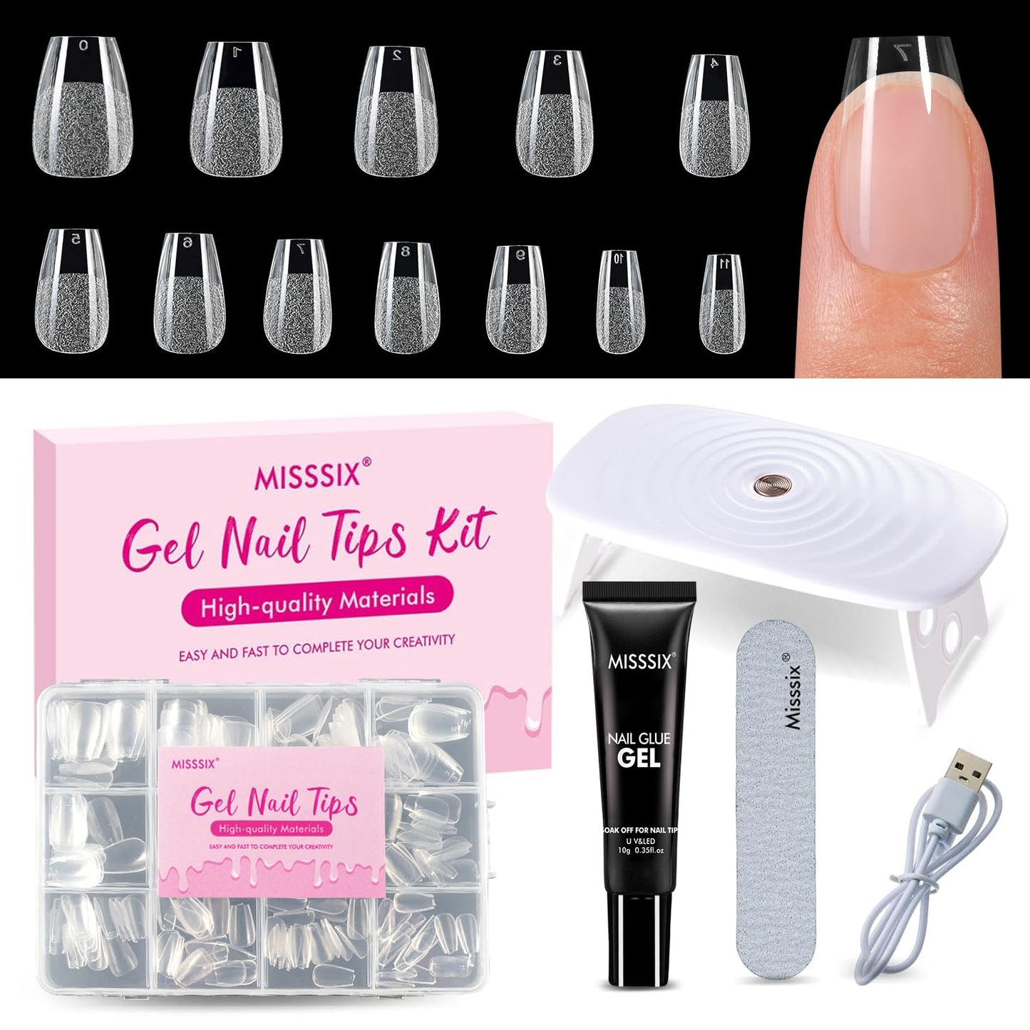 Almond Gel Nail Tips Kit - 216 Pre-Etched Clear Fake Nails | 9-in-1 Gel Glue & Mini UV Lamp for Women, 12 Sizes