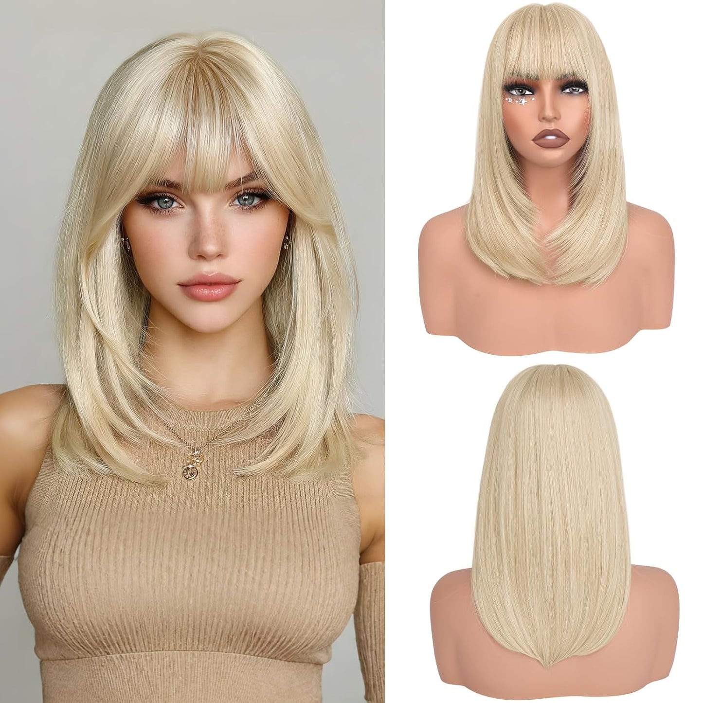 Blonde Bob Wigs with Bangs - Shoulder Length Straight Synthetic Hair | 16 Inch Platinum Blonde