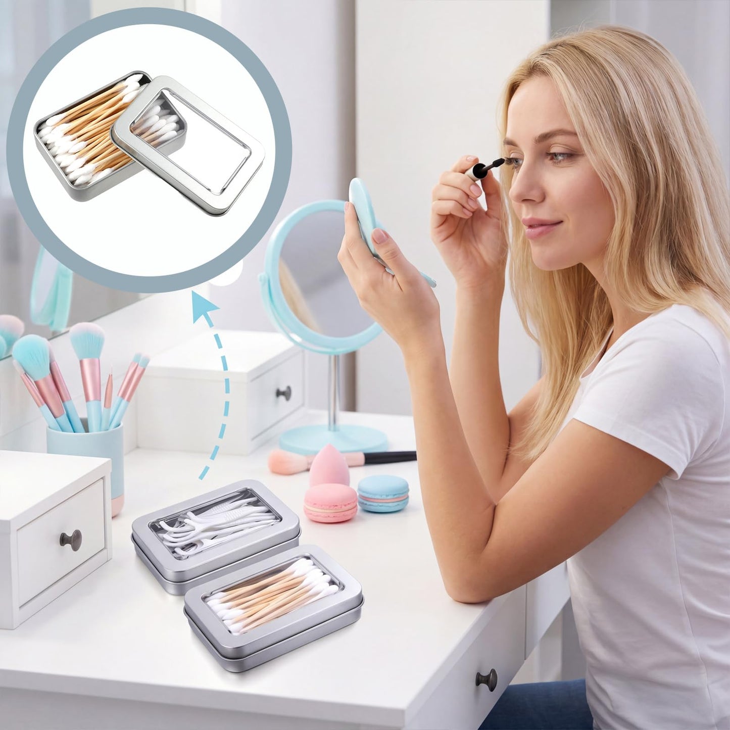 Cotton Swab Holder for Travel, 2 Pcs Portable Dental Floss Pick Holder Cotton Swab Container Empty Metal Hair Tie Organizer Pick Dispenser for Pill Oral Care Hotels Dating Dinners Teeth Cleaning