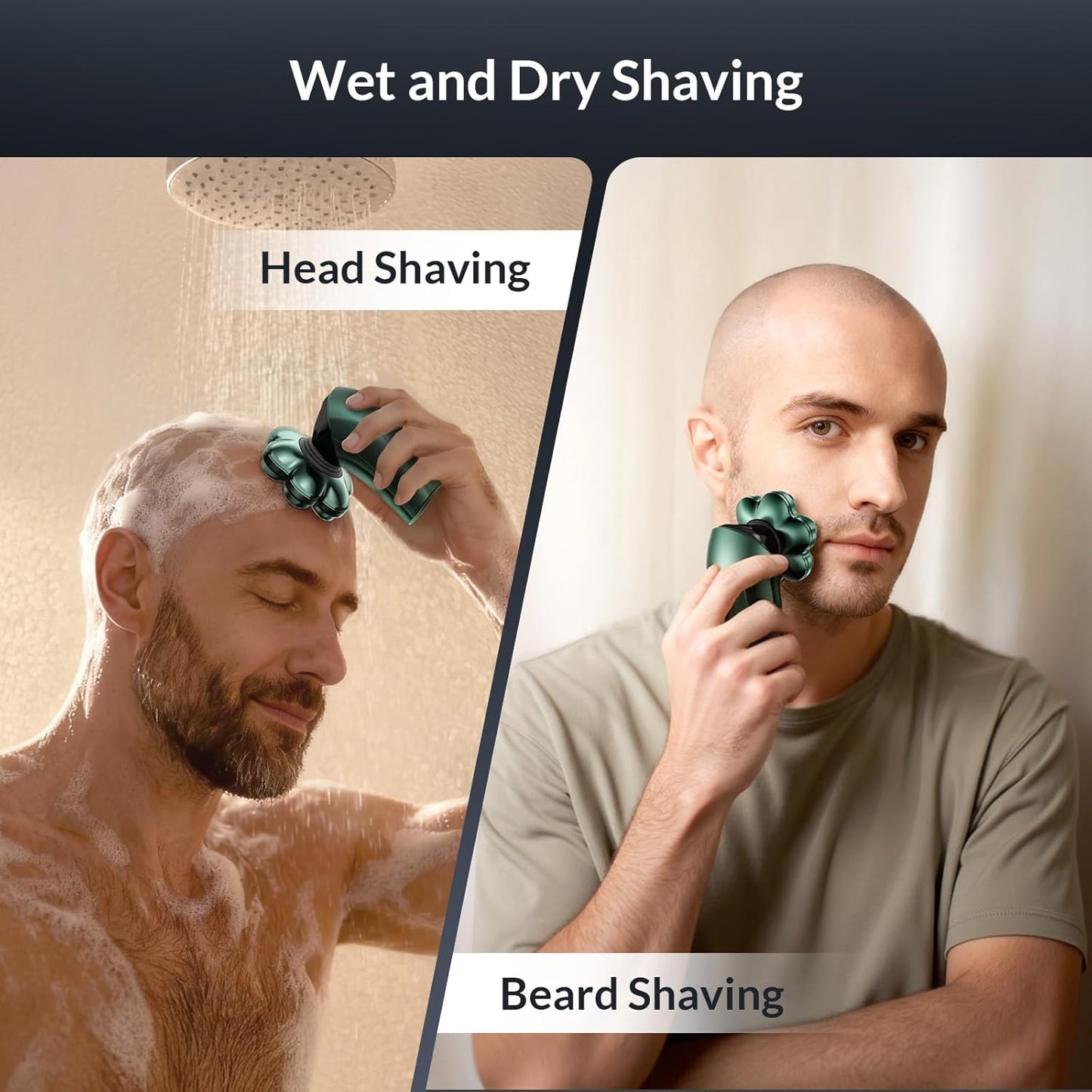 Electric Head Shaver for Bald Men - 7D Arc Magnetic Waterproof 5-in-1 Grooming Kit | Rechargeable Dark Green