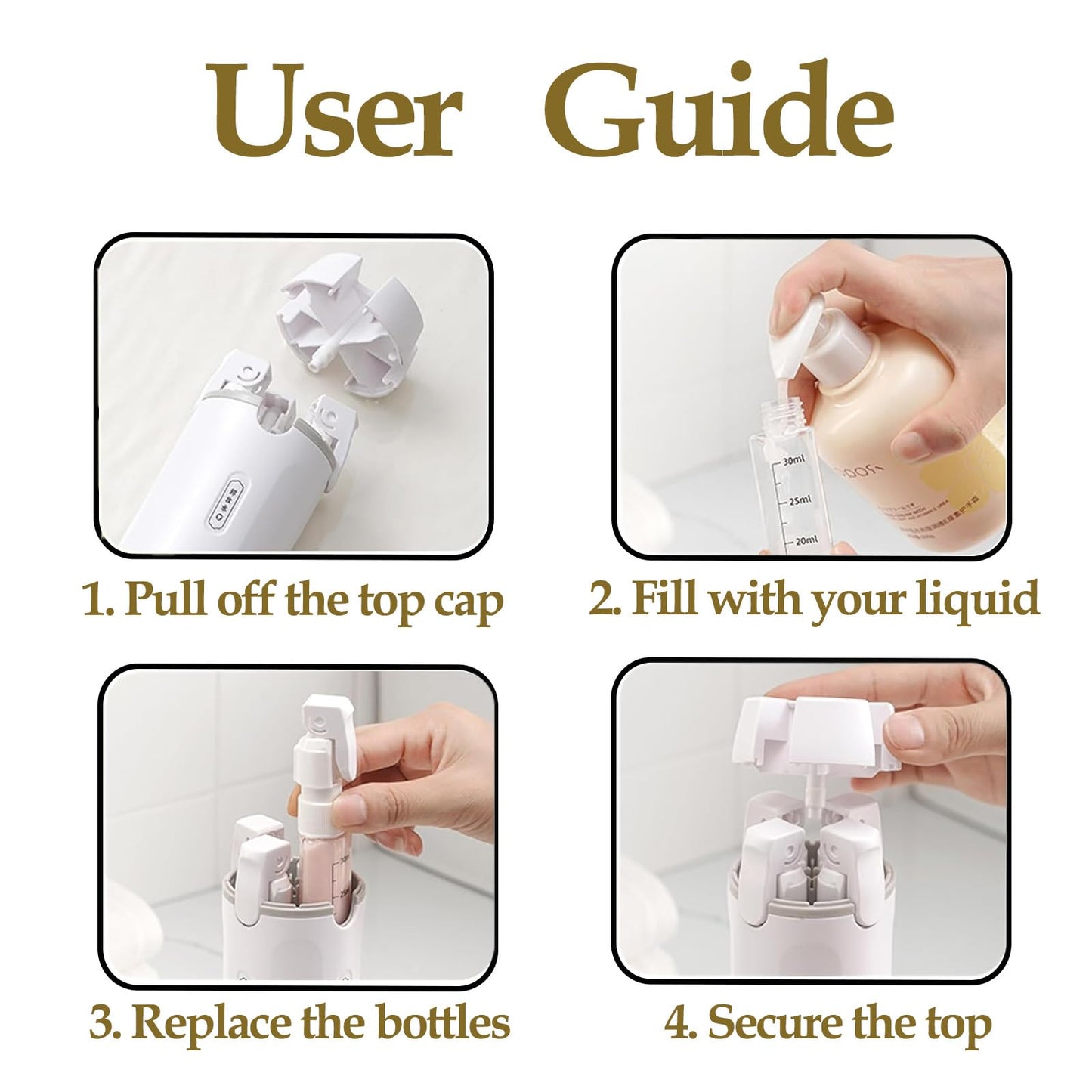IULWJPU 4 in 1 Travel Dispenser Bottle Travel Bottle Dispenser for Toiletries TSA Approved Leakproof with 4 Pack 30Ml Travel Size Pump Bottles & Labels, Suitable for Lotion Shampoo Conditioner Cream
