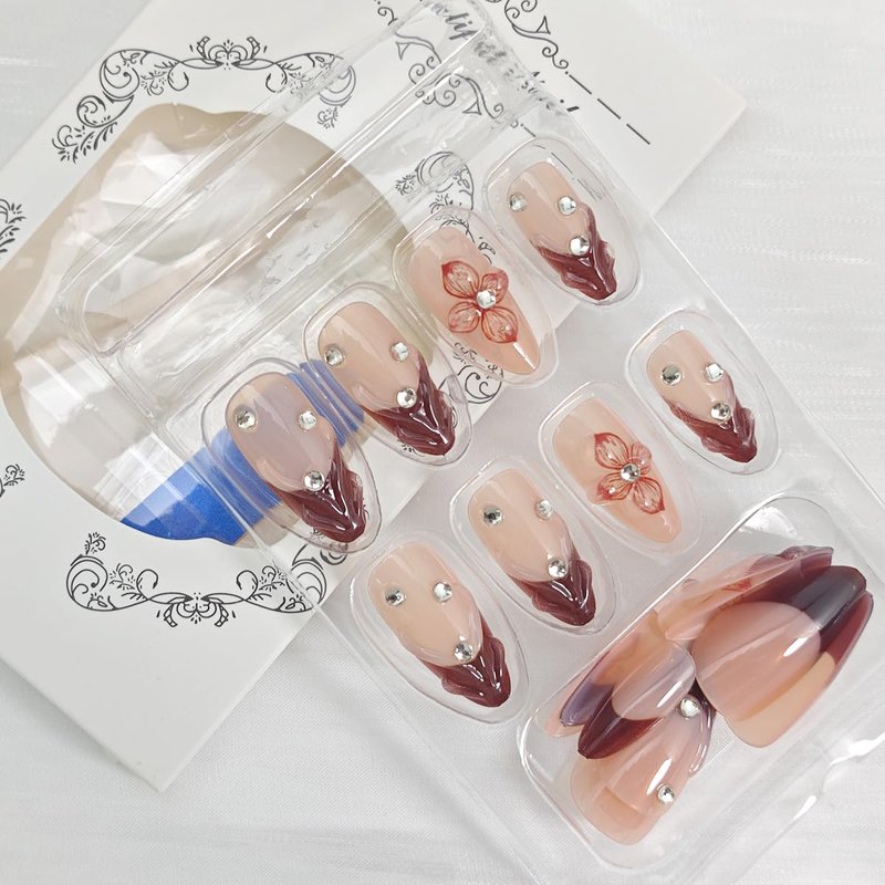 Floral Press On Nails - 24Pcs Red Almond Acrylic Nails with Rhinestones | Reusable Summer Design