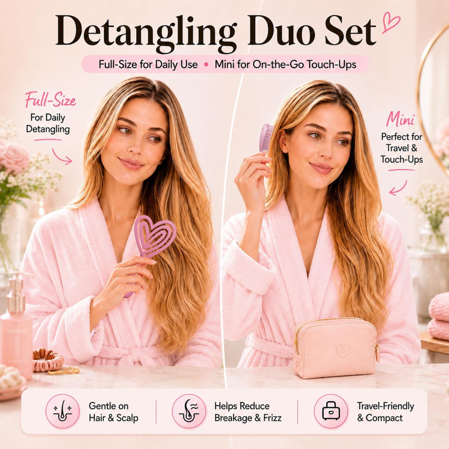 Biofriendly Heart-Shaped Detangling Hair Brush Set, Large & Mini, Dew Mint