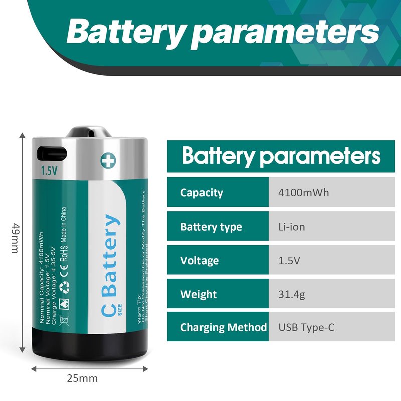 Fitinoch 4 Pack Rechargeable C Batteries 4100mWh, Long-Lasting 1.5V C Size Lithium Battery with USB Charging Cable