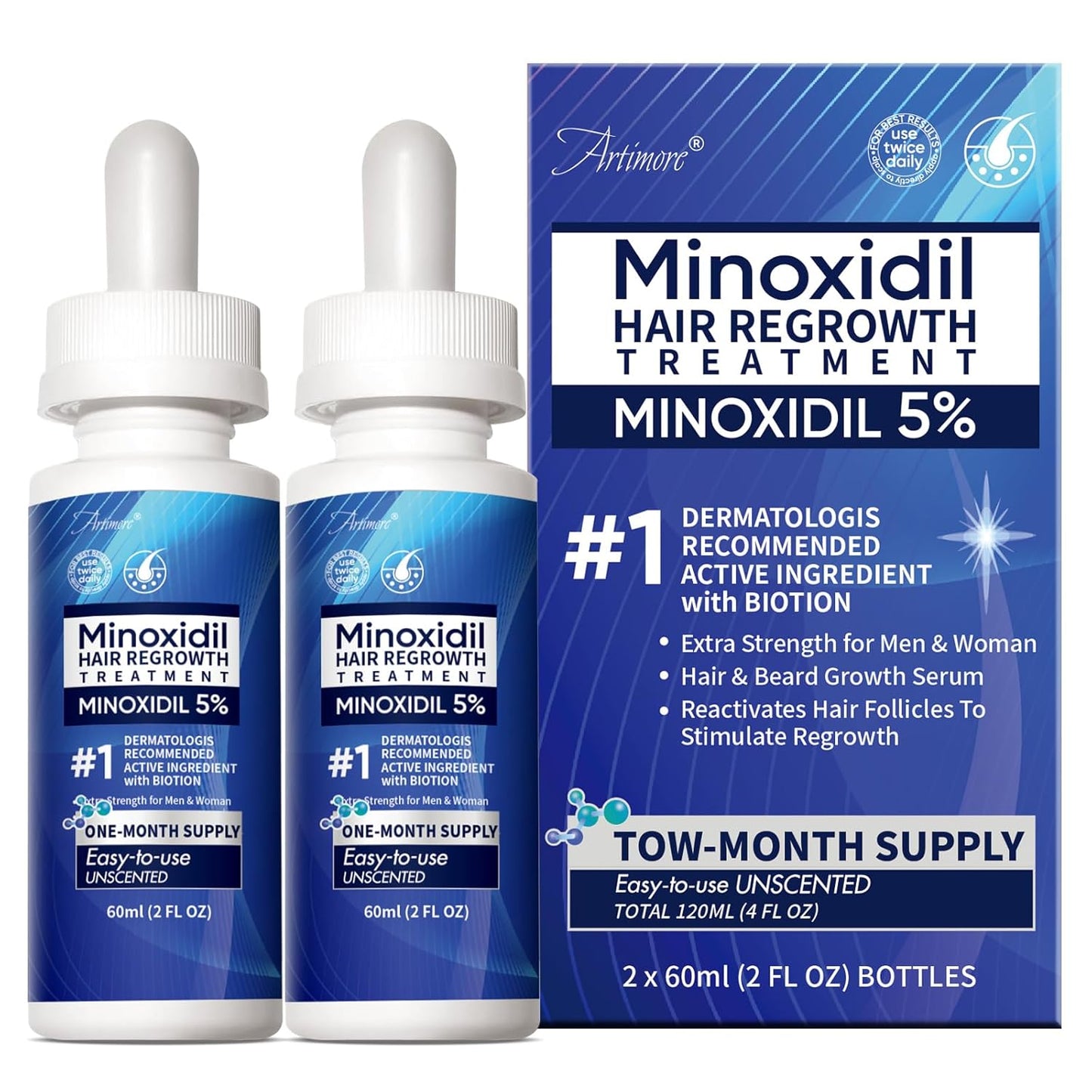 Minoxidil Hair Growth Serum - 5% Extra Strength with Biotin for Men & Women | 4 FL OZ, 2 Dropper Set