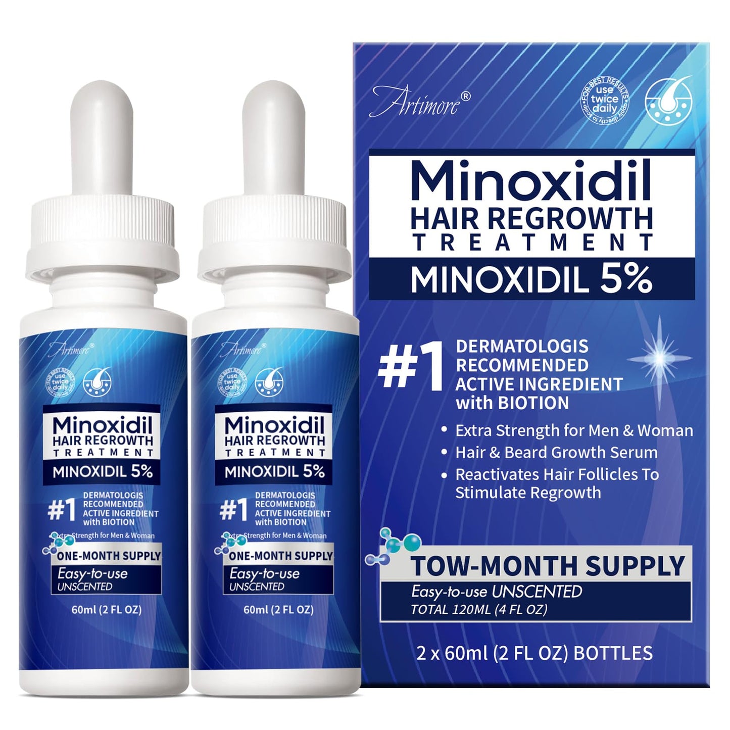 5% Minoxidil Hair Growth Serum for Men & Women with Biotin: Minoxidil for Men and Women, 5 Percent, Hair Regrowth Treatment, Extra Strength (4 FL OZ, Dropper 2pcs)