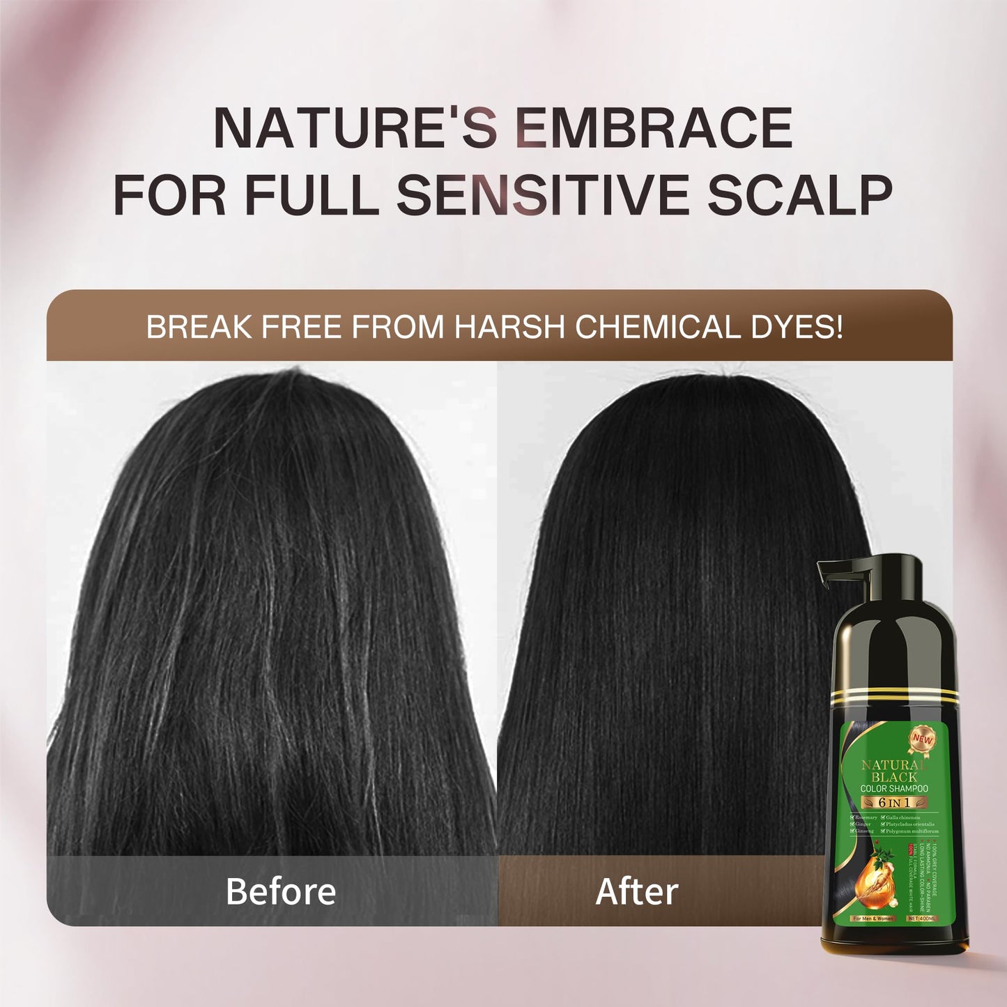 Black Hair Dye Shampoo 6-in-1 for Gray Hairr，Semi-Permanent Hair Color Shampoo for Women and Men，100% Grey Coverage Long-Lasting Color，Natural herbal Ingredients(Natuarl Black)