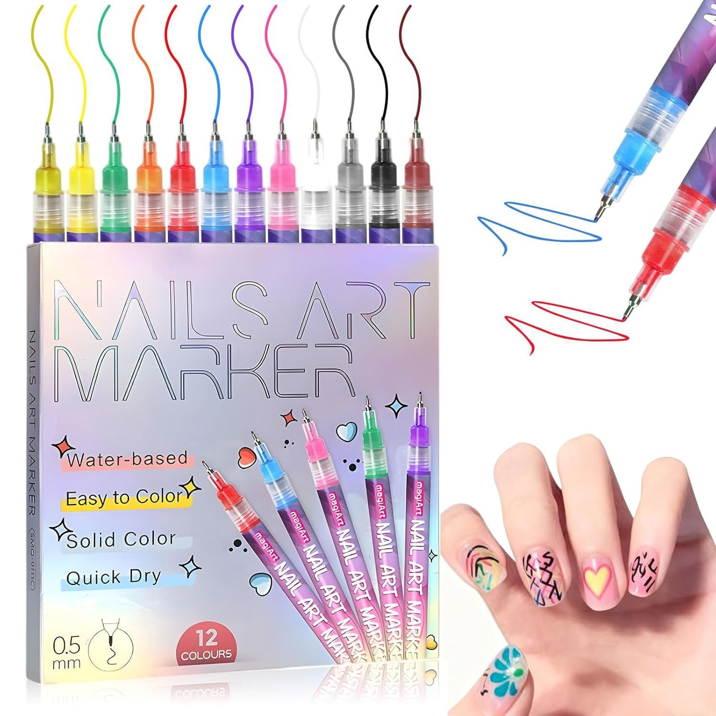 Nail Art Pens Set - 12 Waterproof Gel Nail Markers for DIY Designs | Quick-Drying Manicure Tools