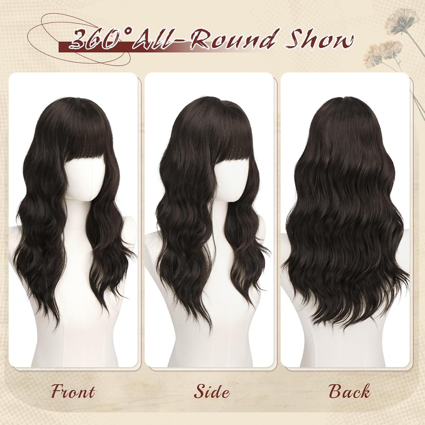 Brown Wigs with Bangs - 20 Inch Soft Wavy Synthetic Heat-Resistant Hair Wig for Women | Natural Look, Perfect for Daily Wear