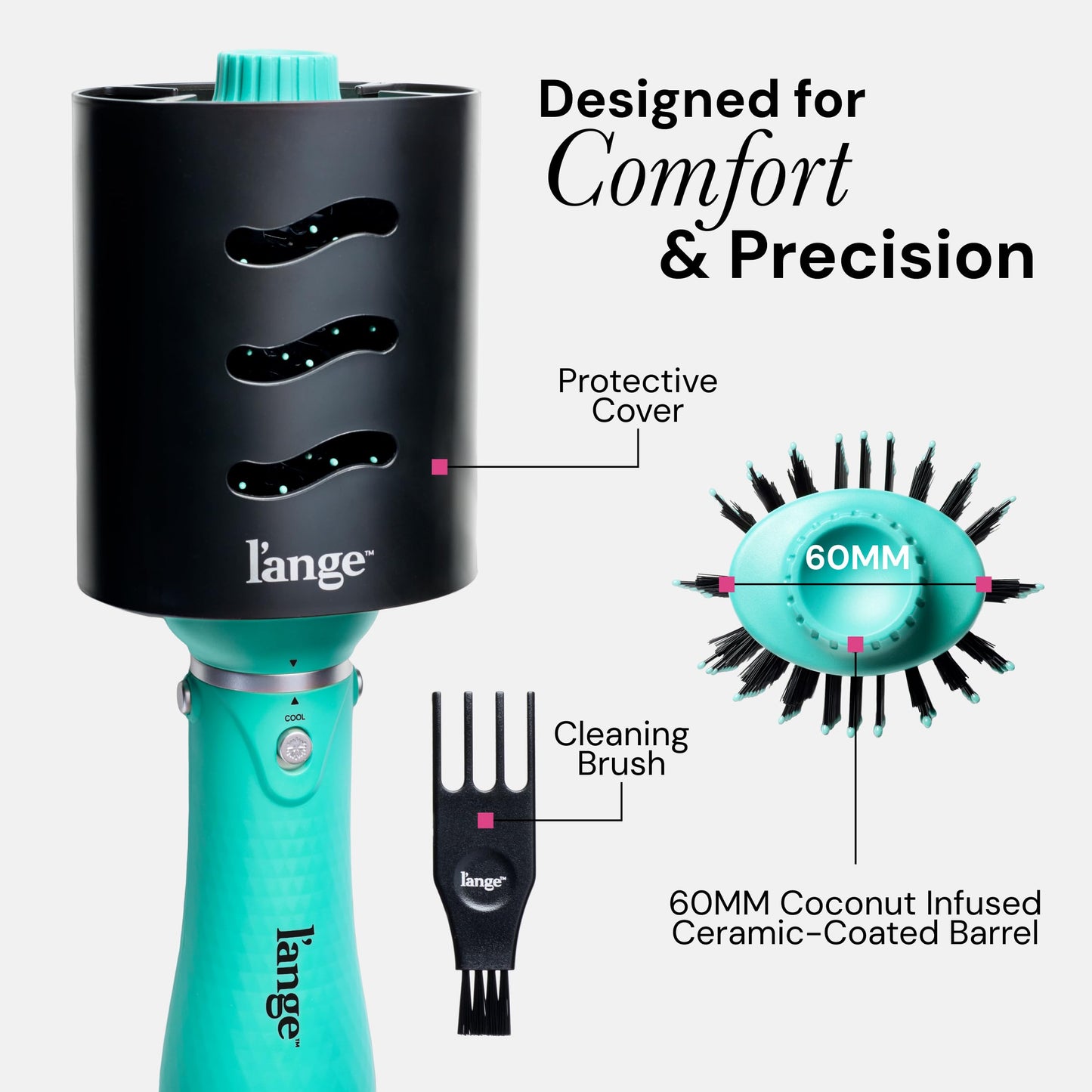 L'ANGE HAIR VolumeBoost 60mm 2-in-1 Ceramic Volumizing Brush Dryer | Fast Drying & Styling for Frizz-Free, Voluminous Blowouts | Ceramic-Coated Barrel (Blue)