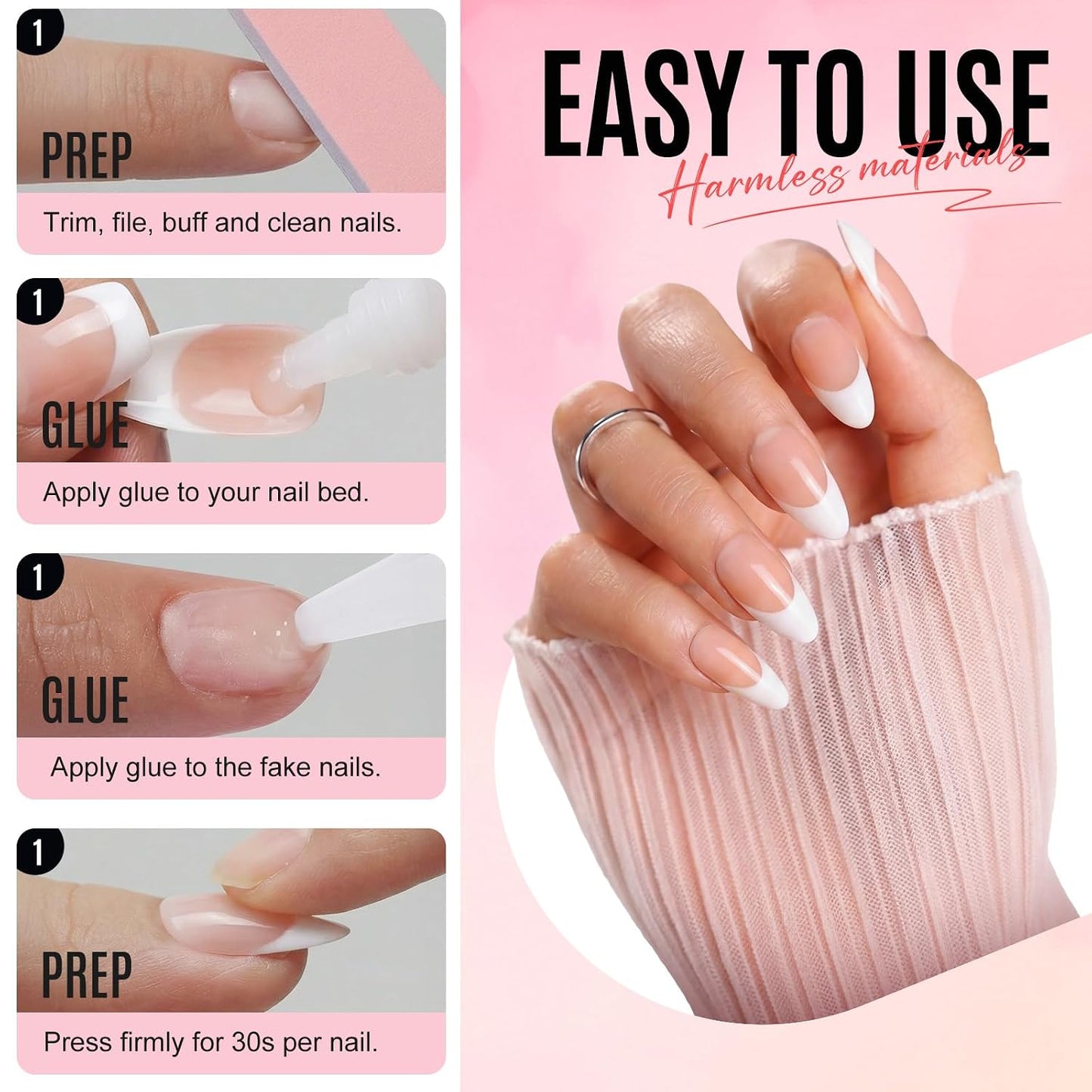 Ombre Press On Nails - Short Square Soft Gel Nude Pink | 30 Pcs Reusable False Nails in 15 Sizes for Long-Lasting Wear