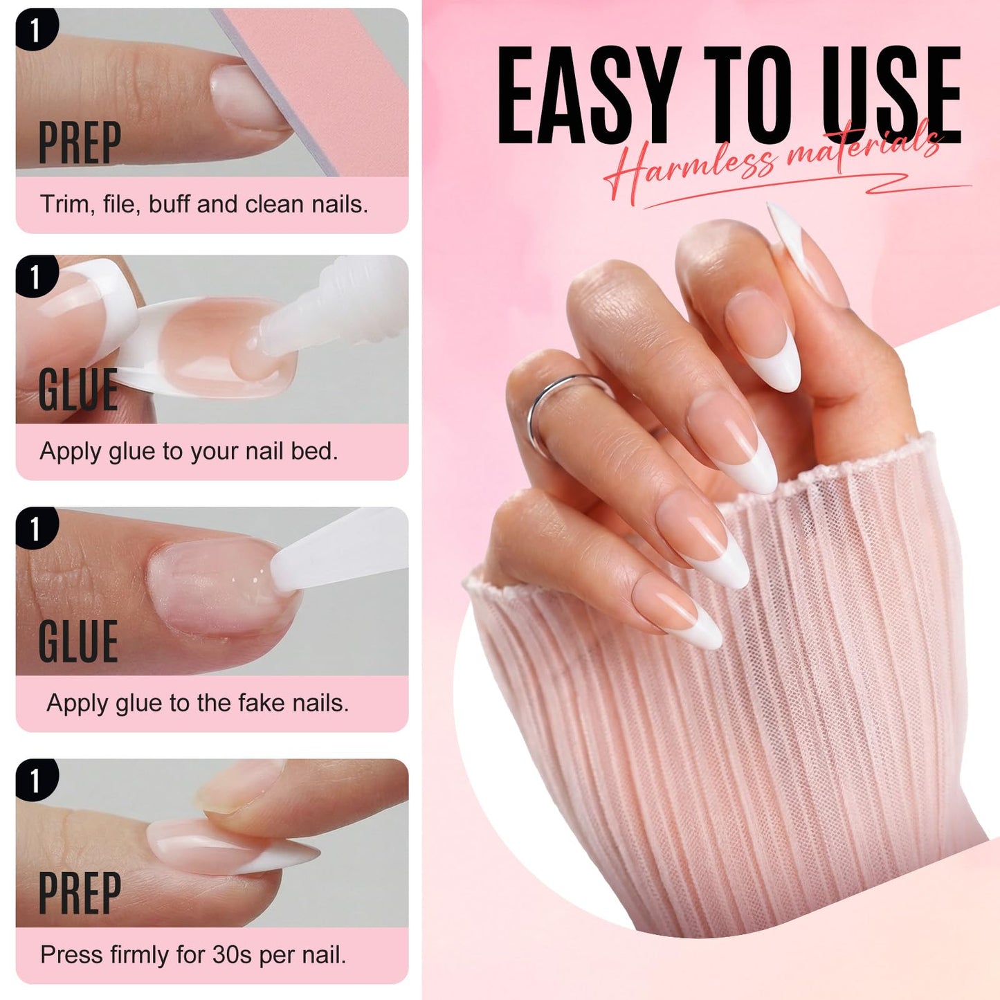 Bioday Ombre Press on Nails Short Square, Soft Gel Nude Pink Press On Nails with Glue & Tabs, 30 Pcs Reusable False Nails in 15 Sizes, Long Lasting Daily Nail Tips for Women