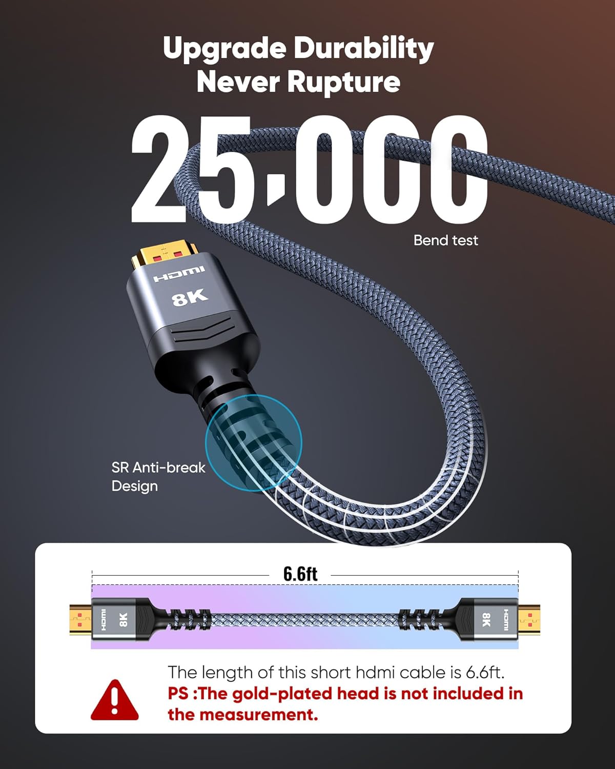 8K HDMI Cable - Ultra High Speed 2.1 Braided Cord, 48Gbps, 6.6FT | 4K@120Hz, 8K@60Hz, HDR 10 Compatible