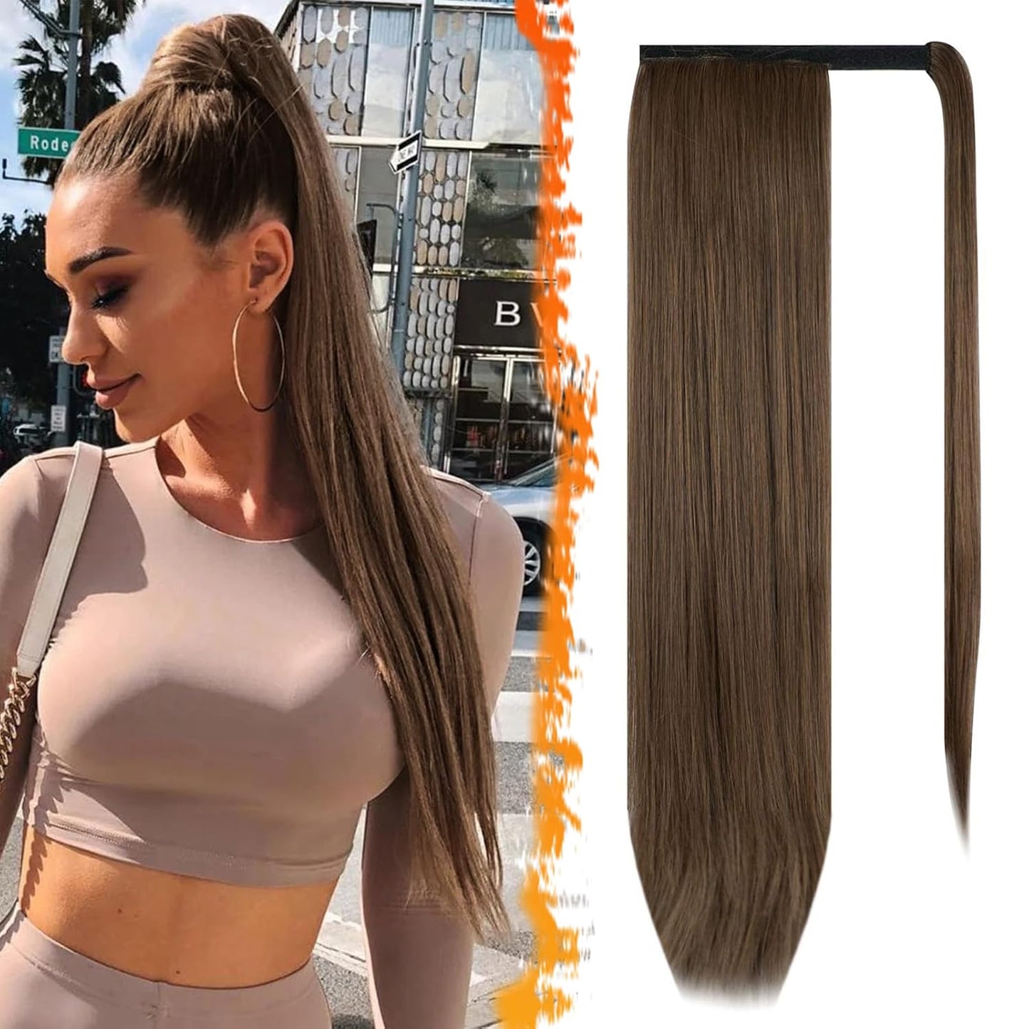 Dark Brown Straight Ponytail Extension - 28 Inch Clip-In Hairpiece for Women | Synthetic Wrap Around Style