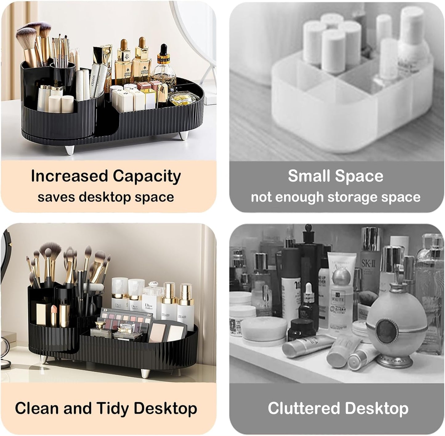 Rotating Makeup Organizer - Large Spinning Vanity Storage with Brush Holder | Black Cosmetic Display Case