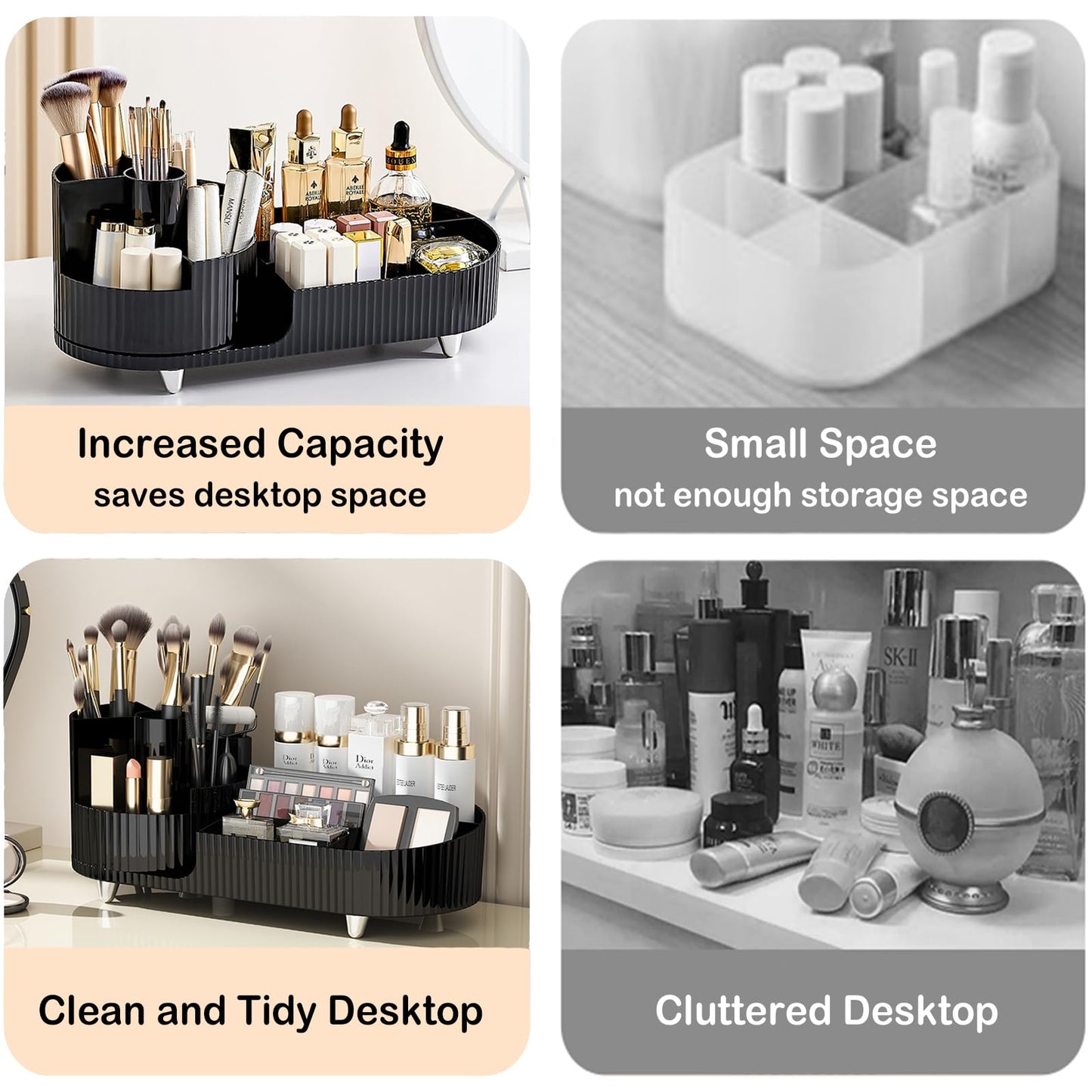 Rotating Makeup Organizer for Vanity with Brush Holder, Cosmetic Makeup Storage Organizer, Large Spinning Makeup Skincare Organizer, Countertop Makeup Perfume Organizer, Lotions Display Case (Black)