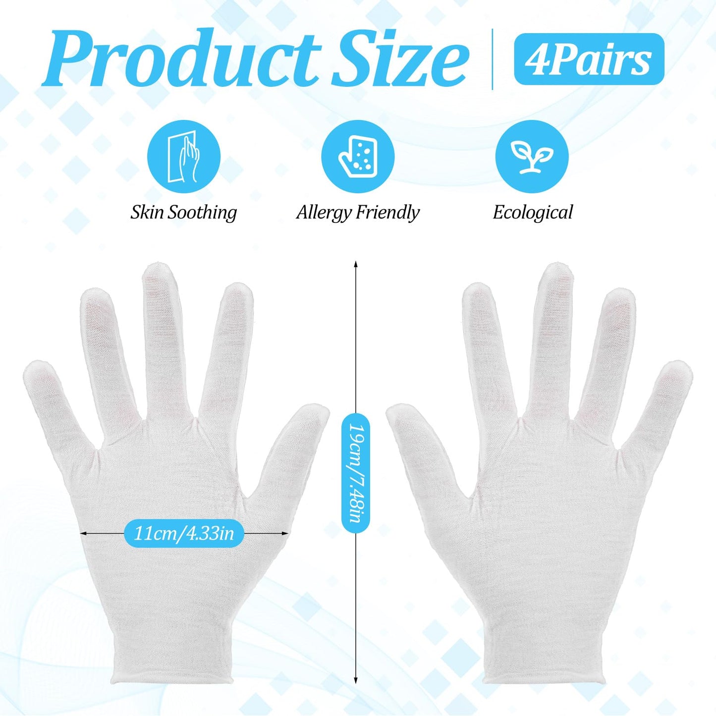 Nogeqi 4 Pairs White Cotton Gloves for Dry Hands Sleeping Women Stretchy Thin Cotton White Gloves Eczema, Hand Glove Moisturizing Overnight for Dry Hand, Eczema, Hands Spa, Jewelry Inspection
