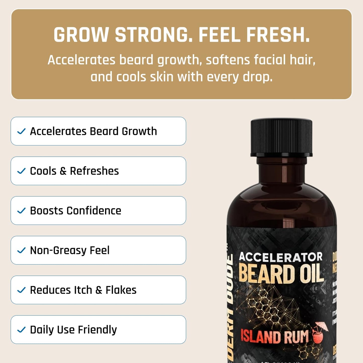 Derm Dude Accelerator Beard Growth Oil for Men | With Castor Oil & Jojoba Oil for Hair Growth | Promotes Thicker Fuller Beard | Hydrate & Soften Facial Hair, Non-Greasy - Island Rum 1oz