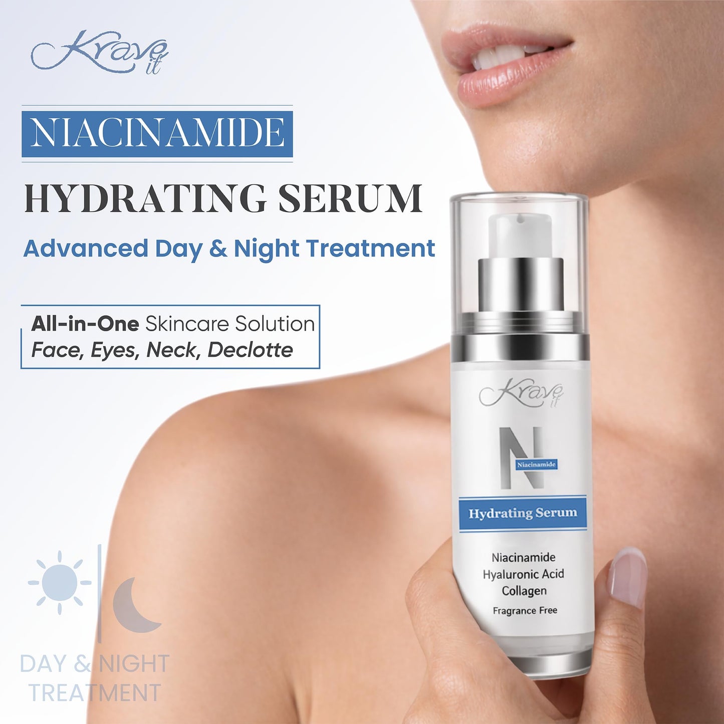 KRAVE IT 10% Niacinamide Serum for Face & Neck - Minimizes Pores, Dark Spots & Discoloration- Hydrating Anti-Aging Treatment with Hyaluronic Acid & Collagen, Fragrance Free, 1 fl oz.