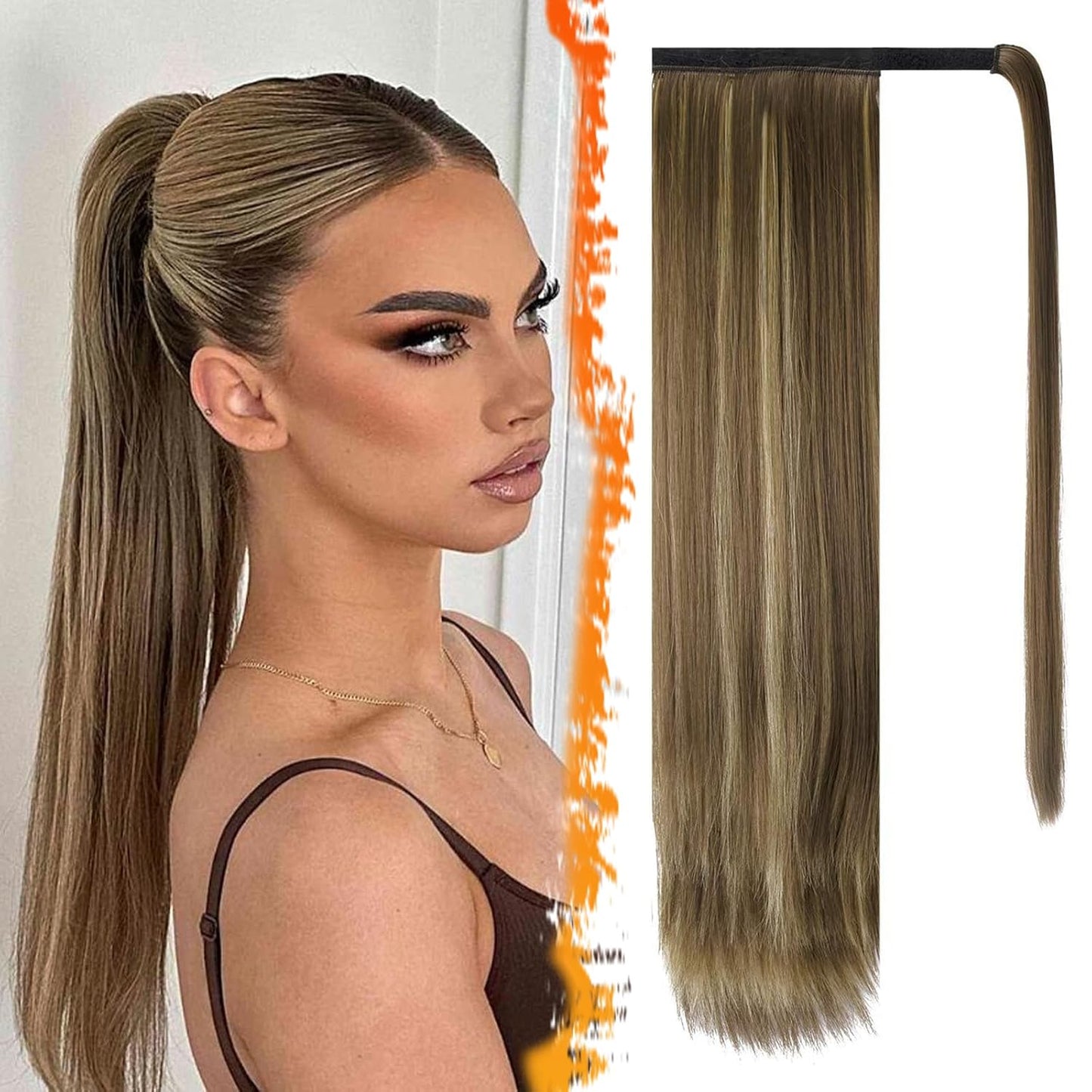 Dark Brown Straight Wrap Ponytail Extension - 24 Inch Clip-In Hairpiece for Black Women | Synthetic Hair