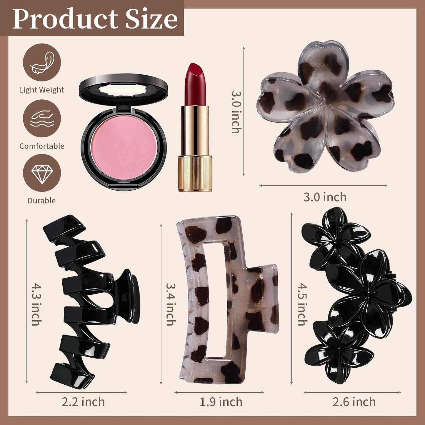 Hair Clips for Women - 8 Pcs Stylish Flower Claw Clips for Strong Hold | Black & White Tortoise