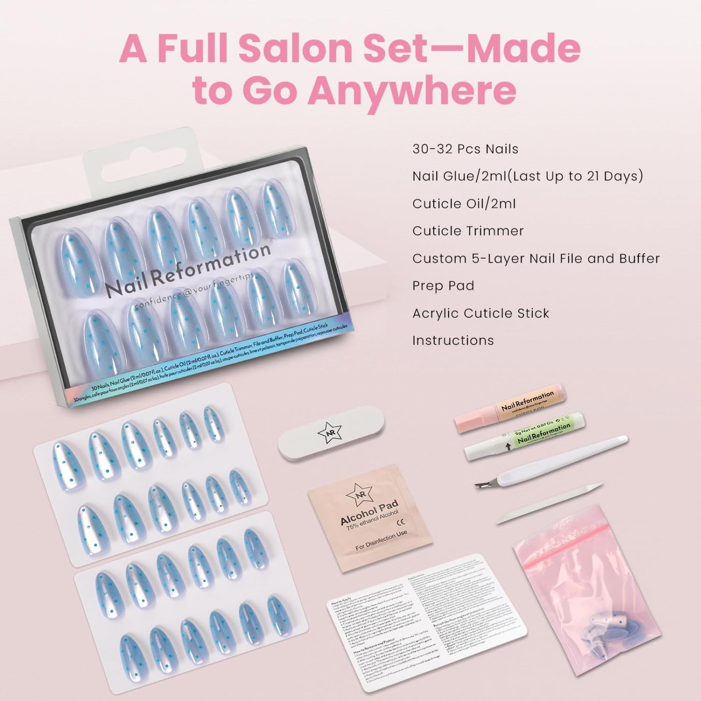 Nail Reformation Press On Nails, Blue Moon | Polka Dot Medium Almond Fake Nails with Oceanic Blue Cat-Eye & Magnetic Shimmer, Reusable Stick On Nails Kit - 30 Pcs in 15 Sizes, Manicure Gifts for Women