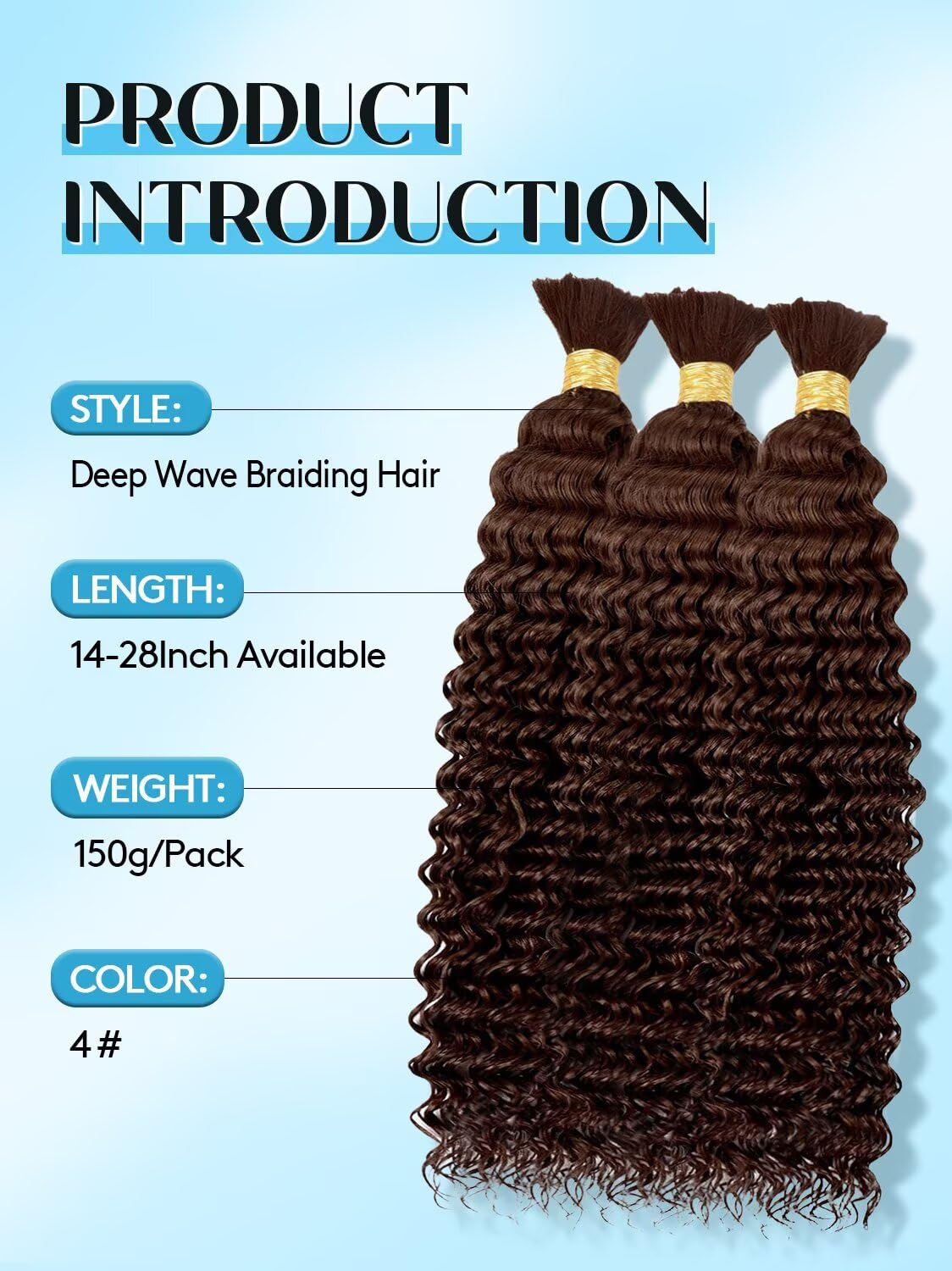 Unprocessed Human Hair for Braiding - #4 Medium Brown Curly Bulk Hair, 12A Grade, 24 Inch, 150g, 3 Bundles