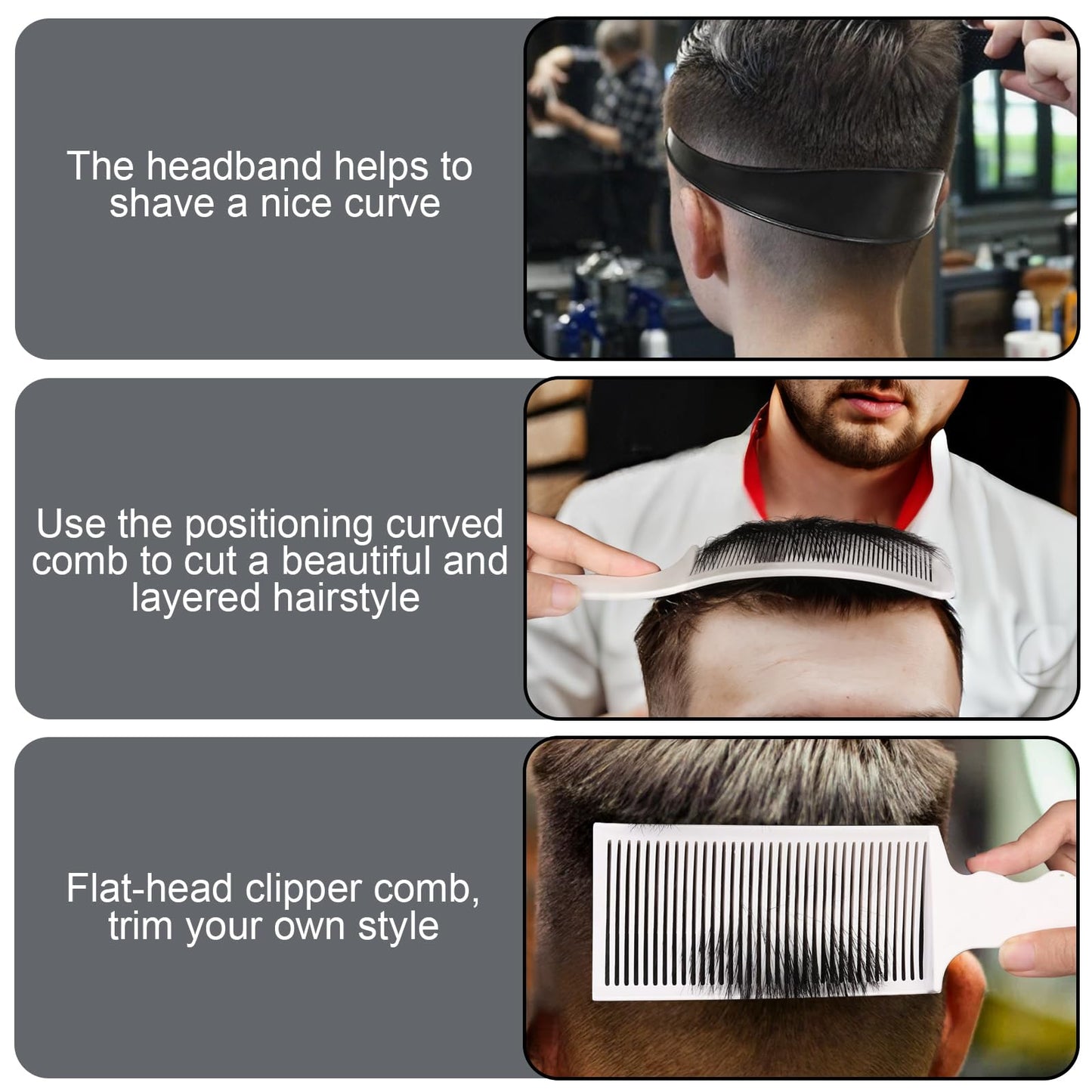 FOWSRHRG Fade Hair Trimming Guide for Men Haircut, Adjustable Silicone Curved Haircut Band, Curved Positioning Comb and Flat Top Comb for Home DIY Haircuts, Self Haircut Kit Guide Salon Styling Tools