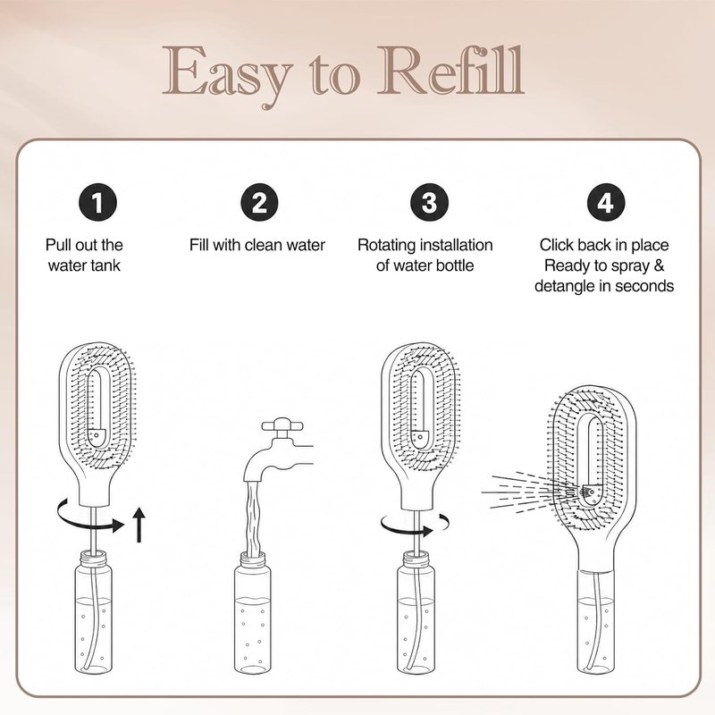 Thick & Long Hair Brush with Water Spray | 2-in-1 Detangling Tool for Curly Hair, Reduces Breakage & Frizz - Khaki