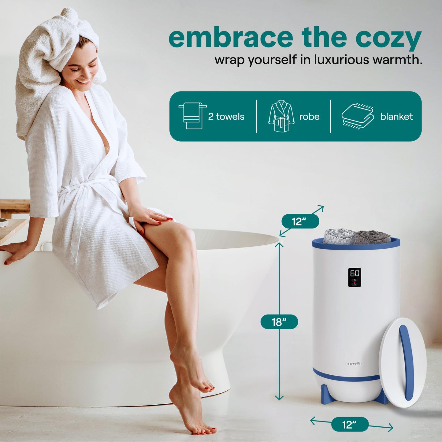 SereneLife Towel Heater for Bathroom & Spa | Portable Large Bucket Style Towel Warmer with Timer | 21L Luxury Electric Heater for Oversized Towels, Robes & Blankets | Auto Shut-Off | Fragrance Discs
