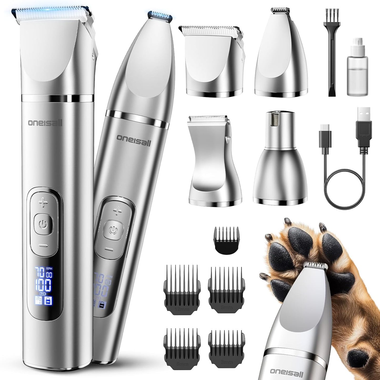 4-In-1 Dog Grooming Kit - LCD Display, Rechargeable Cordless Clippers | Low Noise, Waterproof, Nail Grinder