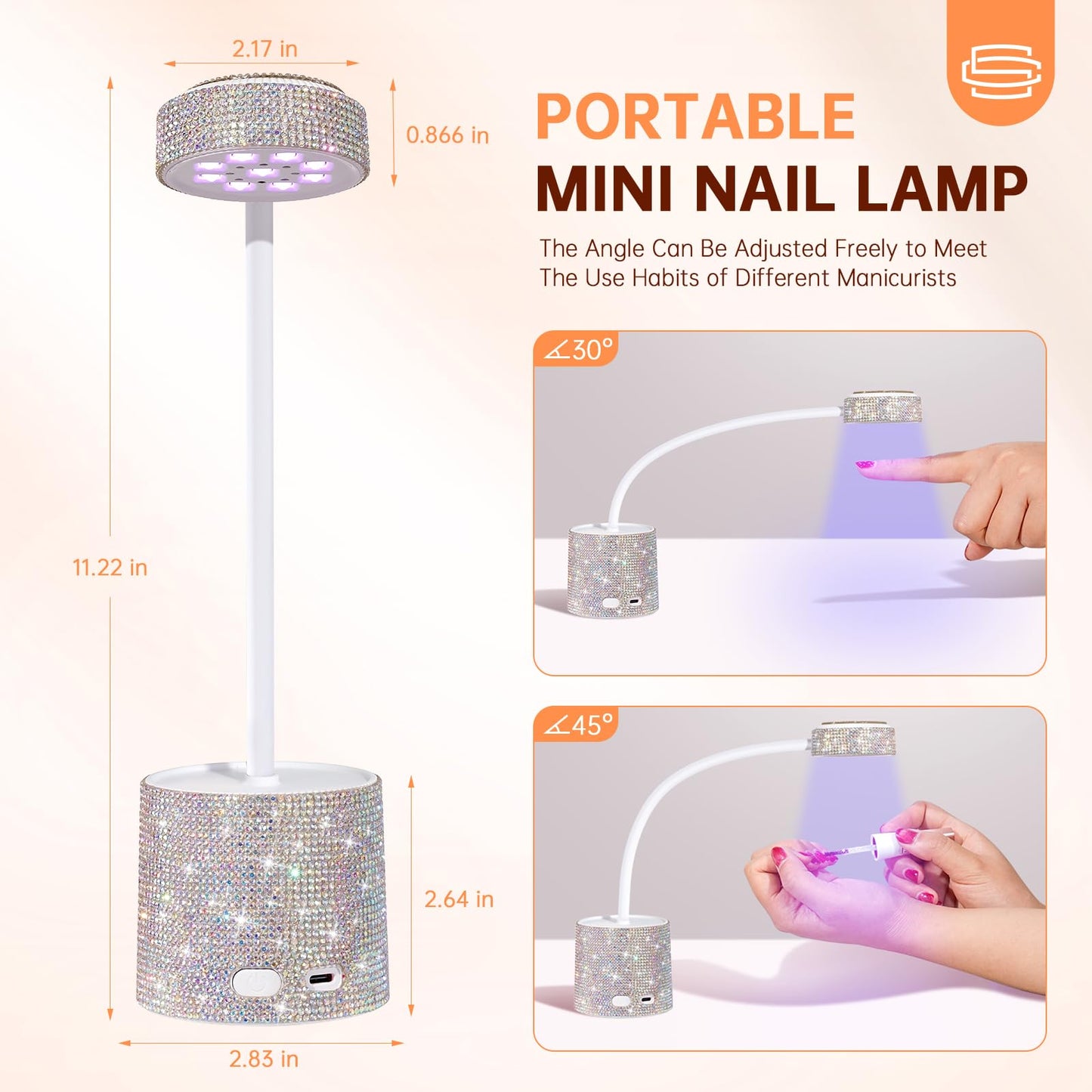 CHRISTINE SHELLY UV Nail Lamp, Flash Cure Nail Lamp Mini UV Light for Gel Nails Polish, Rechargeable Nail Dryer, Quick Drying Gooseneck UV Lamp for Home Nail Salon DIY Manicure, AB Diamond
