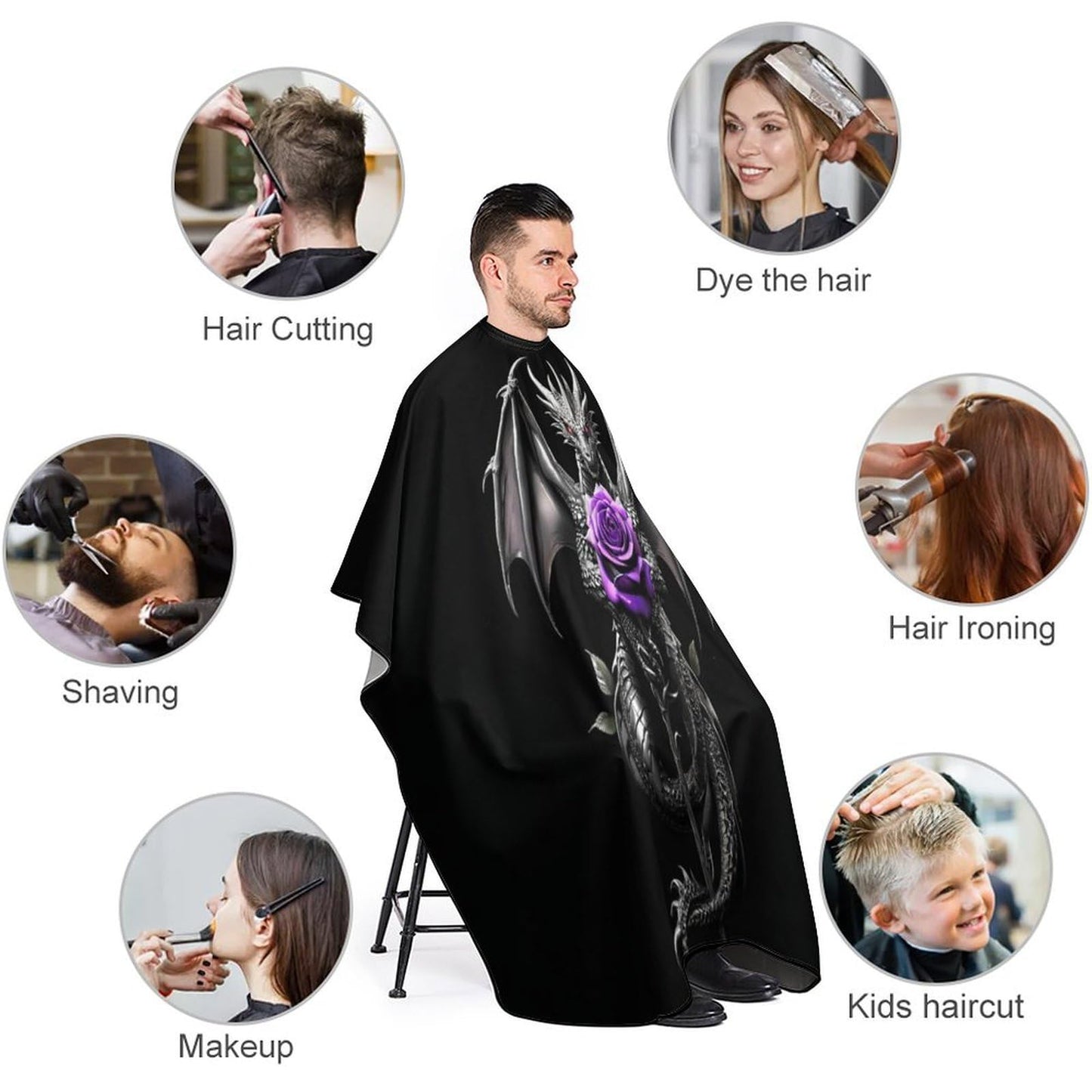 Fashion Professional Hair Cutting Cape with Adjustable Closure, Cool Dragon Purple Rose Black Barber Cape