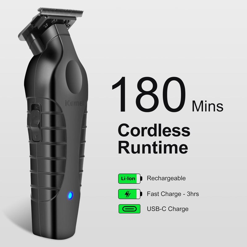 KEMEI PG2299 Hair Trimmer for Men, Zero Gapped T-Blade Clippers for Edging & Lining, Cordless Barber Liners with Extra Replacement Blade, USB Rechargeable Grooming Kit for Beard & Dry Shaving (Black)